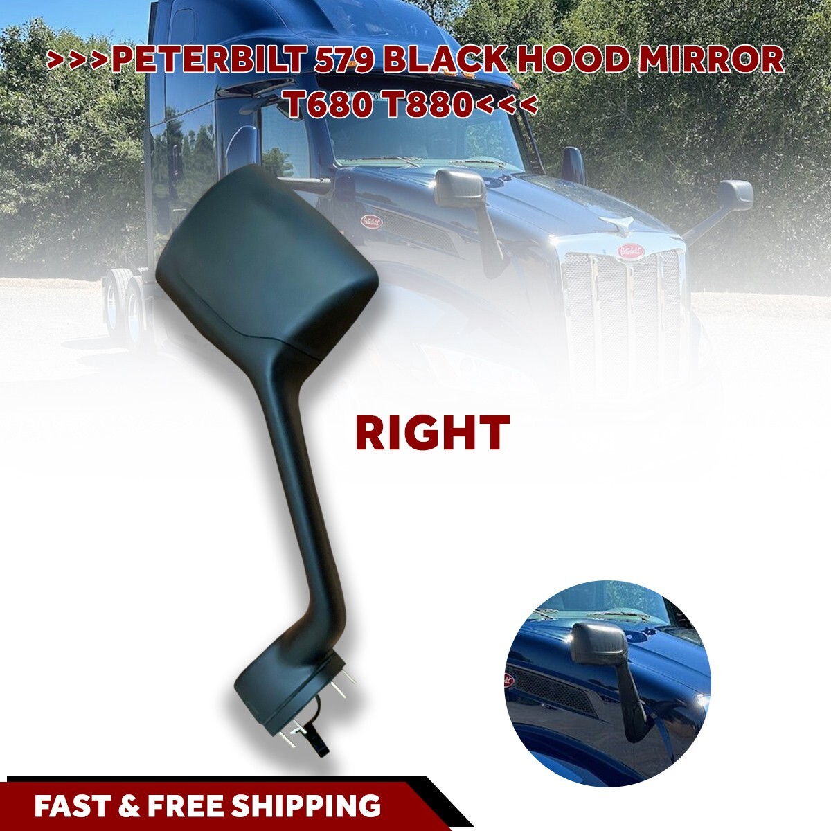 2010 019 Hood Mirror Black Driver Left Side For Kenworth T680 T880 Peterbilt 579
