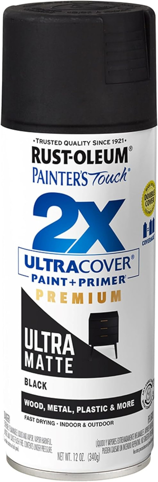 331182 Painter'S Touch 2X Ultra Cover Spray Paint, 12 Oz, Ultra Matte Black