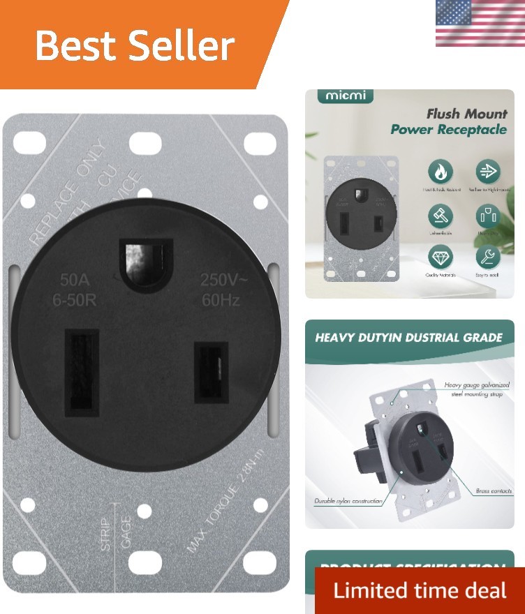 Listed NEMA 6-50R 50 Amp Black Flush Mount Receptacle - Easy Install
