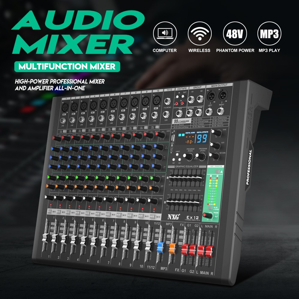 Yamnweo EX12 Professional Mixer 12-Channel Digita,48V Phantom Power ,99 DSP