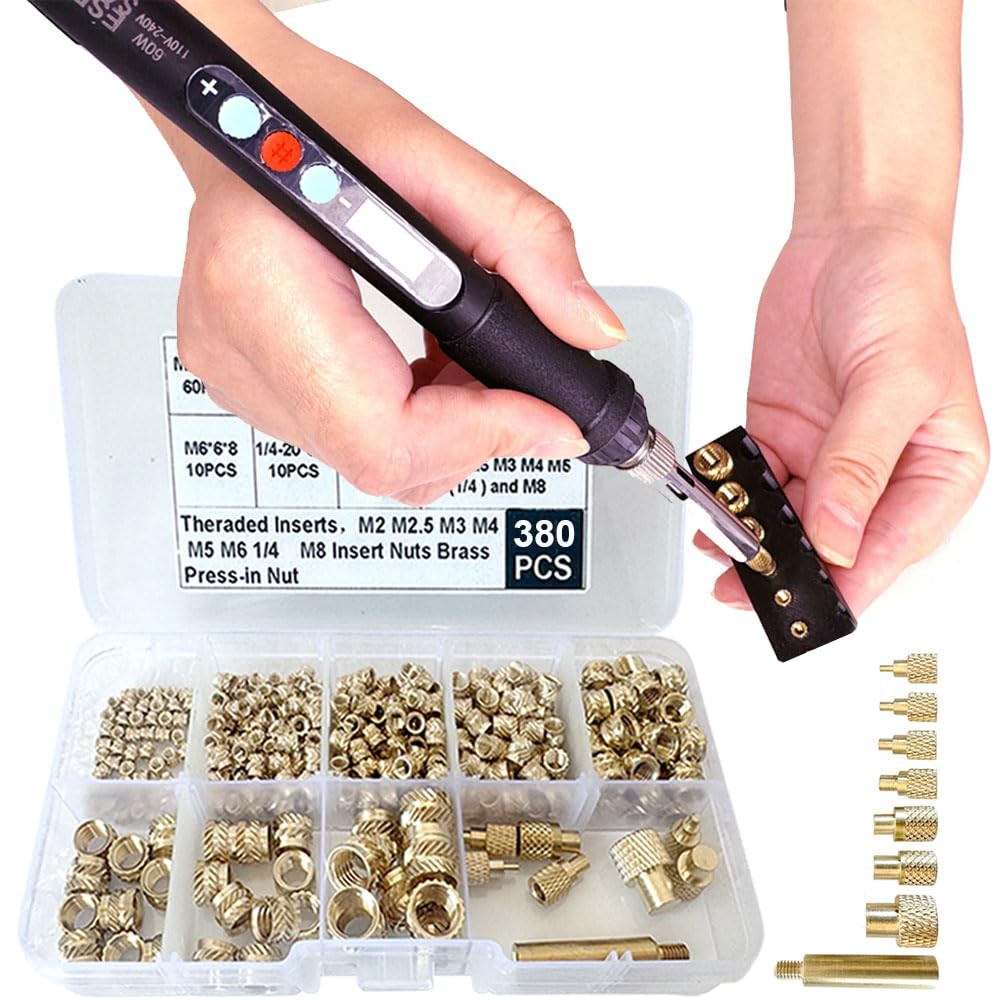 Heat Set Insert Tool Kit 380Pc Brass Nuts 60W Iron M2-M8 3D Printing Plastic
