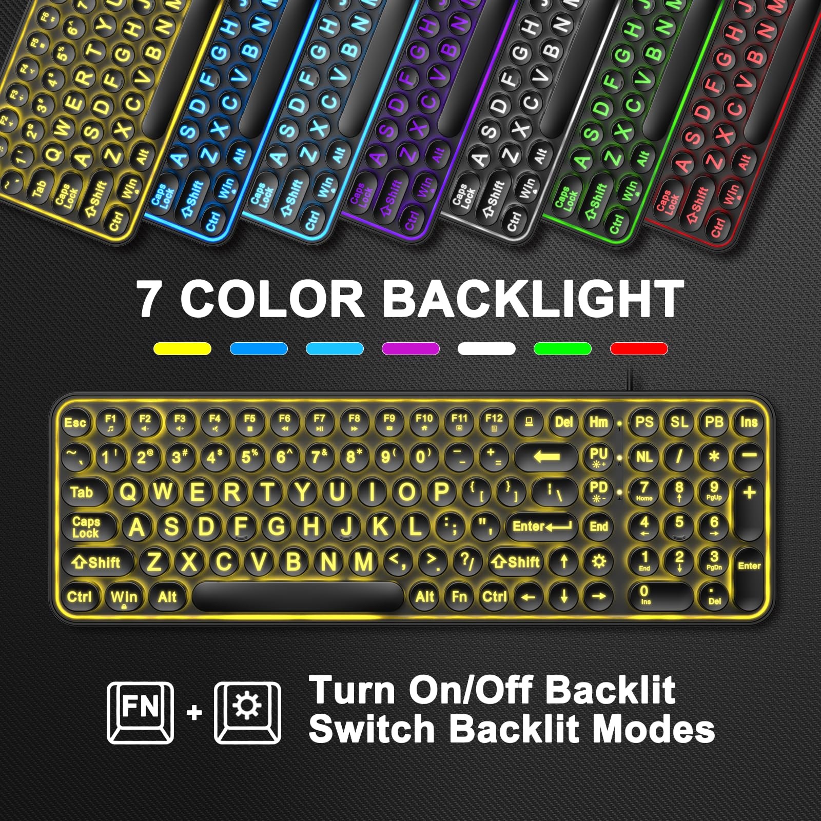 Large Print Backlit Keyboard,Usb Wired Lighted Computer Keyboard with 7-Color Ba
