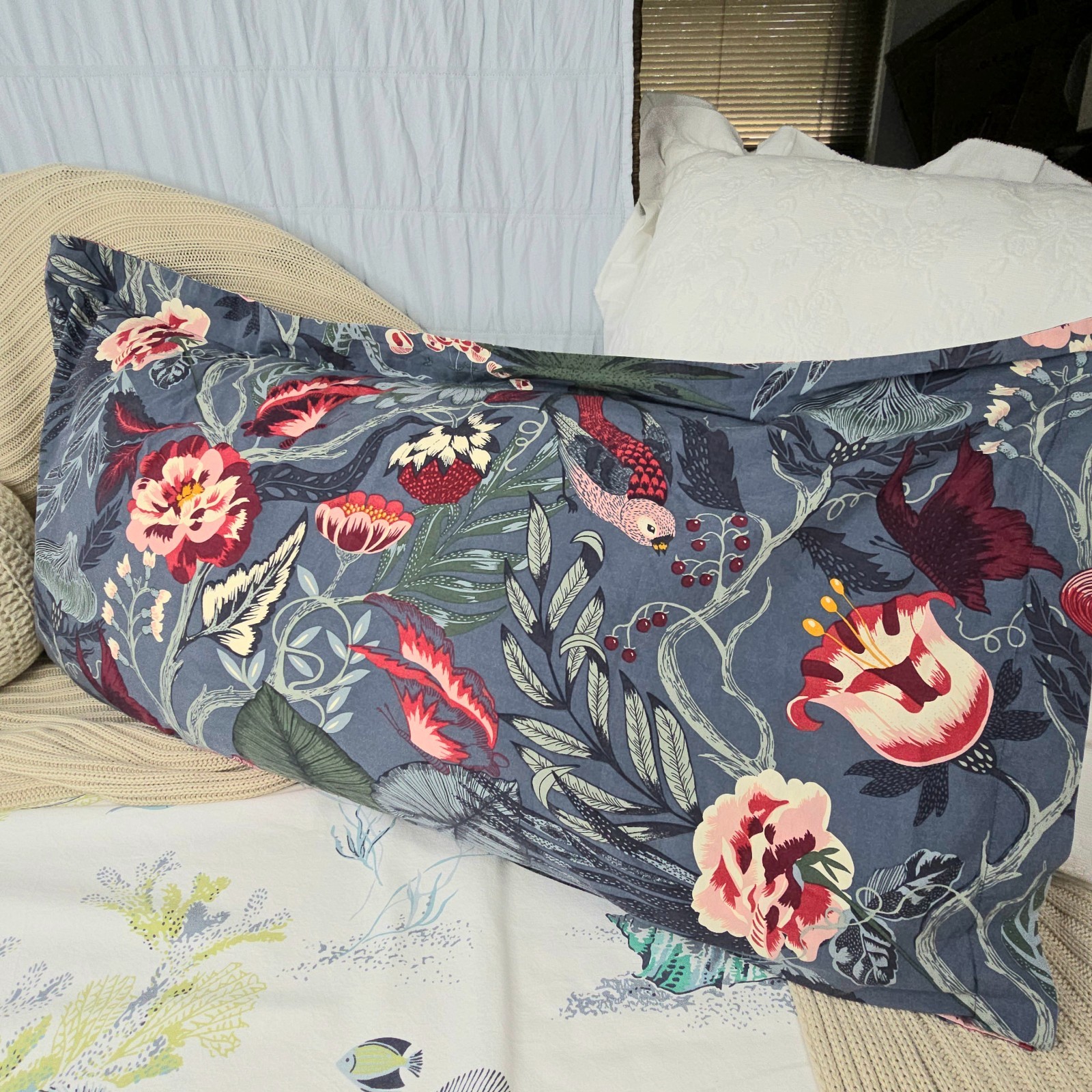 IKEA Filodendron Gray Deep Pink Floral Birds Print Cotton Single King Sham