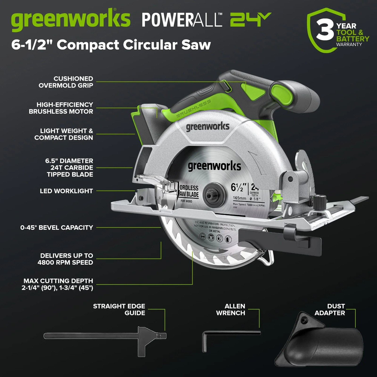 Greenworks CK361 Drill Impact Driver Circular Reciprocating Saw Multi-Tool