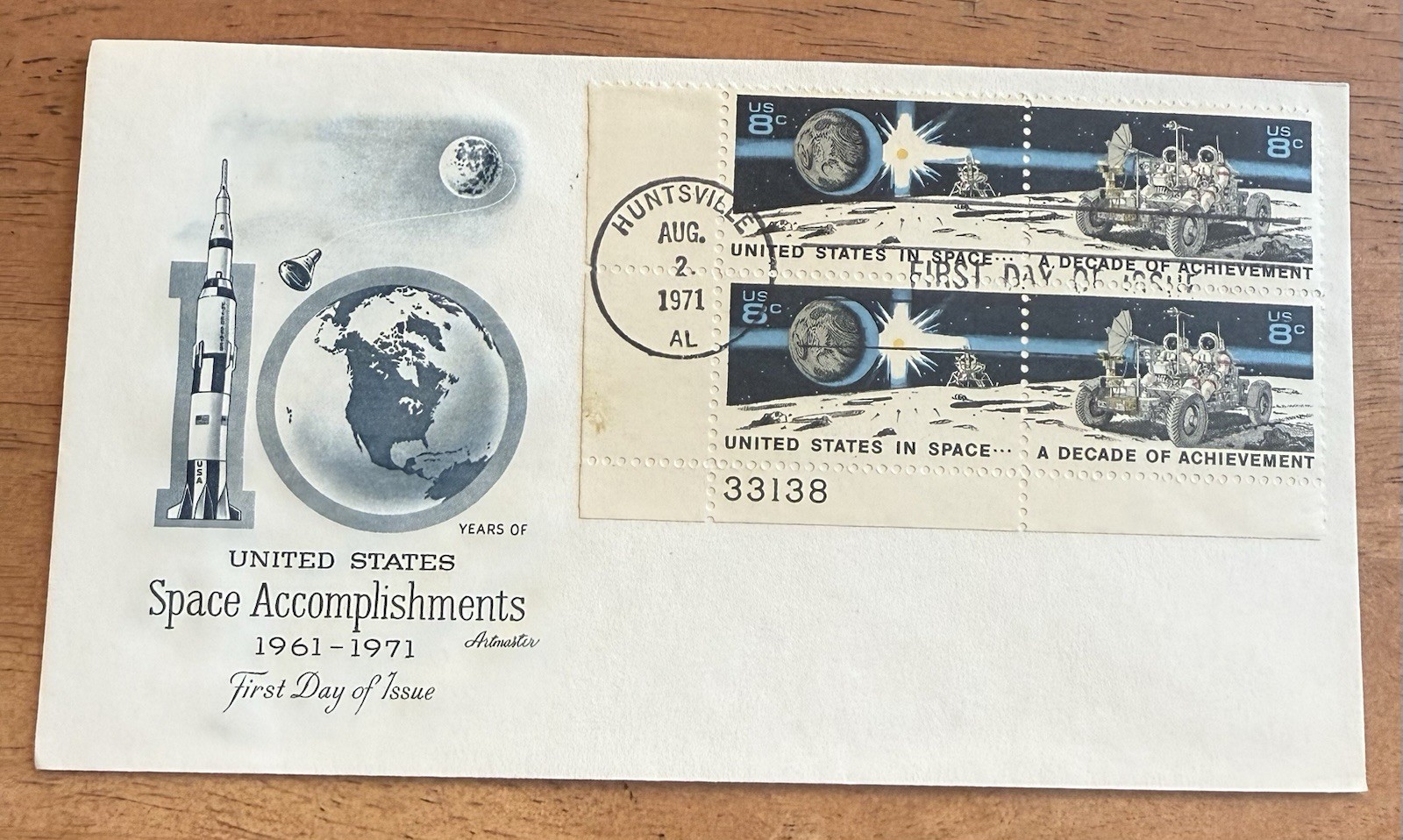 ROCKET CACHET FDC COVER "Space Achievement - Block of 4," Cancel KSC 08-02-1971
