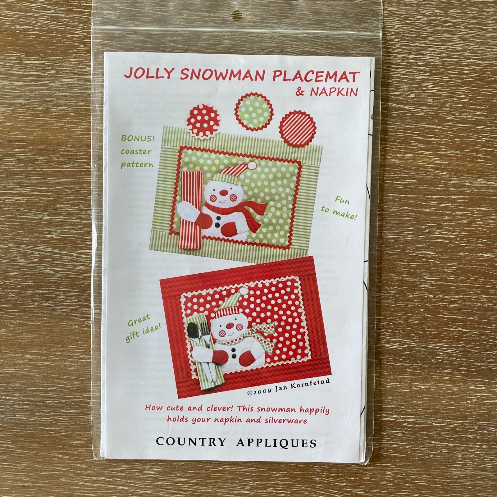 Jolly Snowman Placemat and Napkin Pattern by Jan Kornfeind - NEW