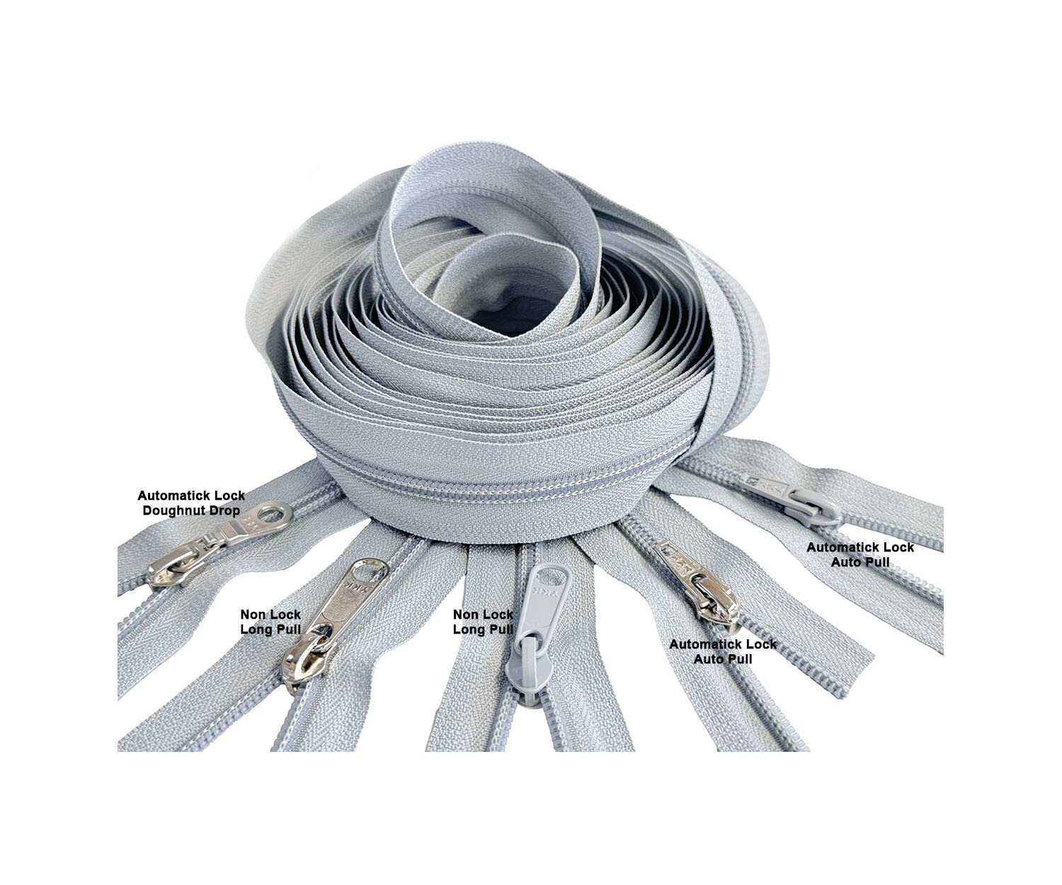 Continuous Chain Zipper YKK #5 Nylon Coil by The Yard Silver Grey - Fancy Slider