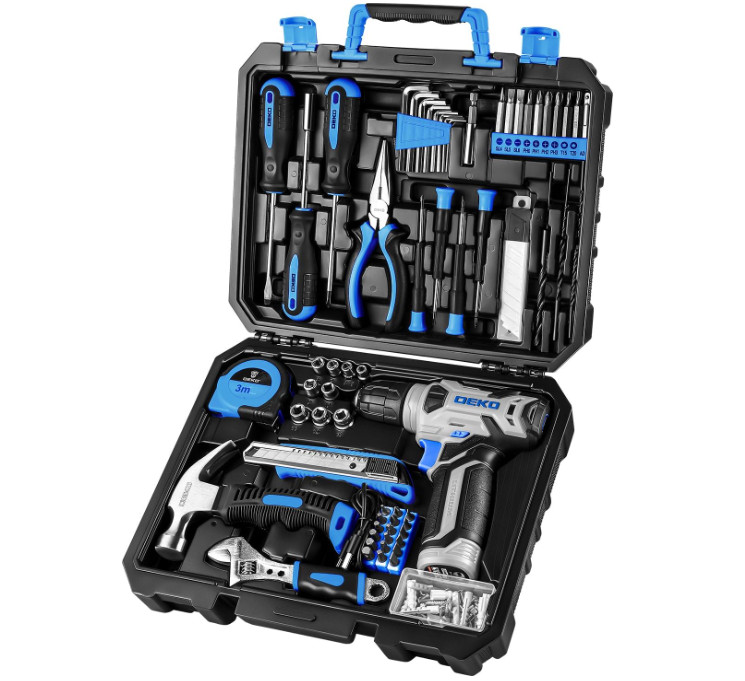 Juego de herramientas con taladro inalámbrico azul de 8 V, kit de herramientas