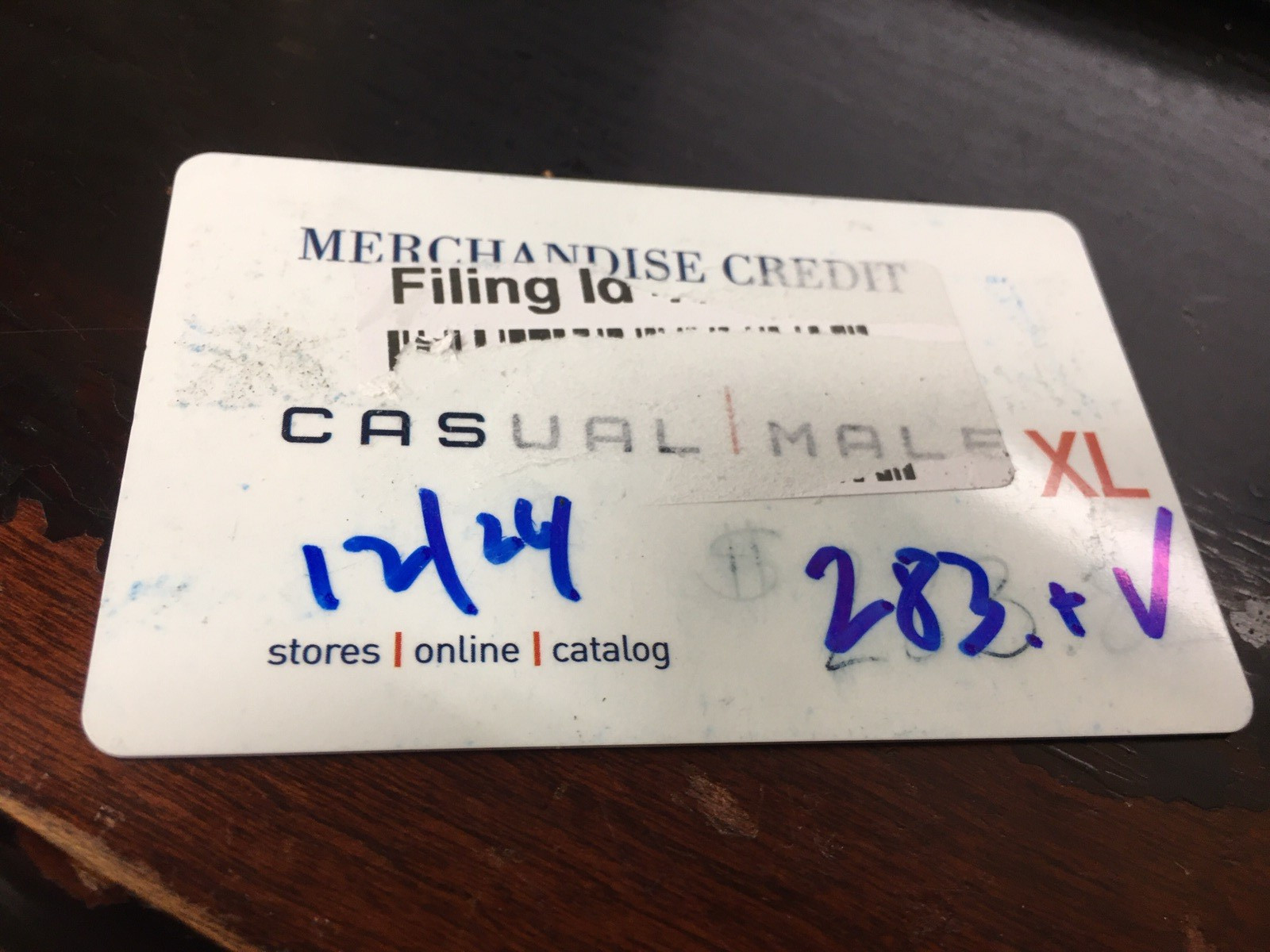 $283 CASUAL MALE XL MERCHANDISE CREDIT CARD, USE IN STORE OR ONLINE. INSURED