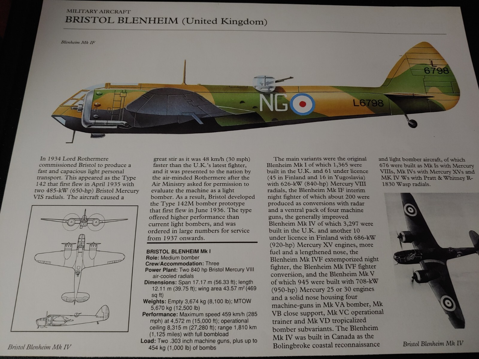 Bristol Blenheim Aircraft Picture Out of Print Article Spec Sheet Art Display