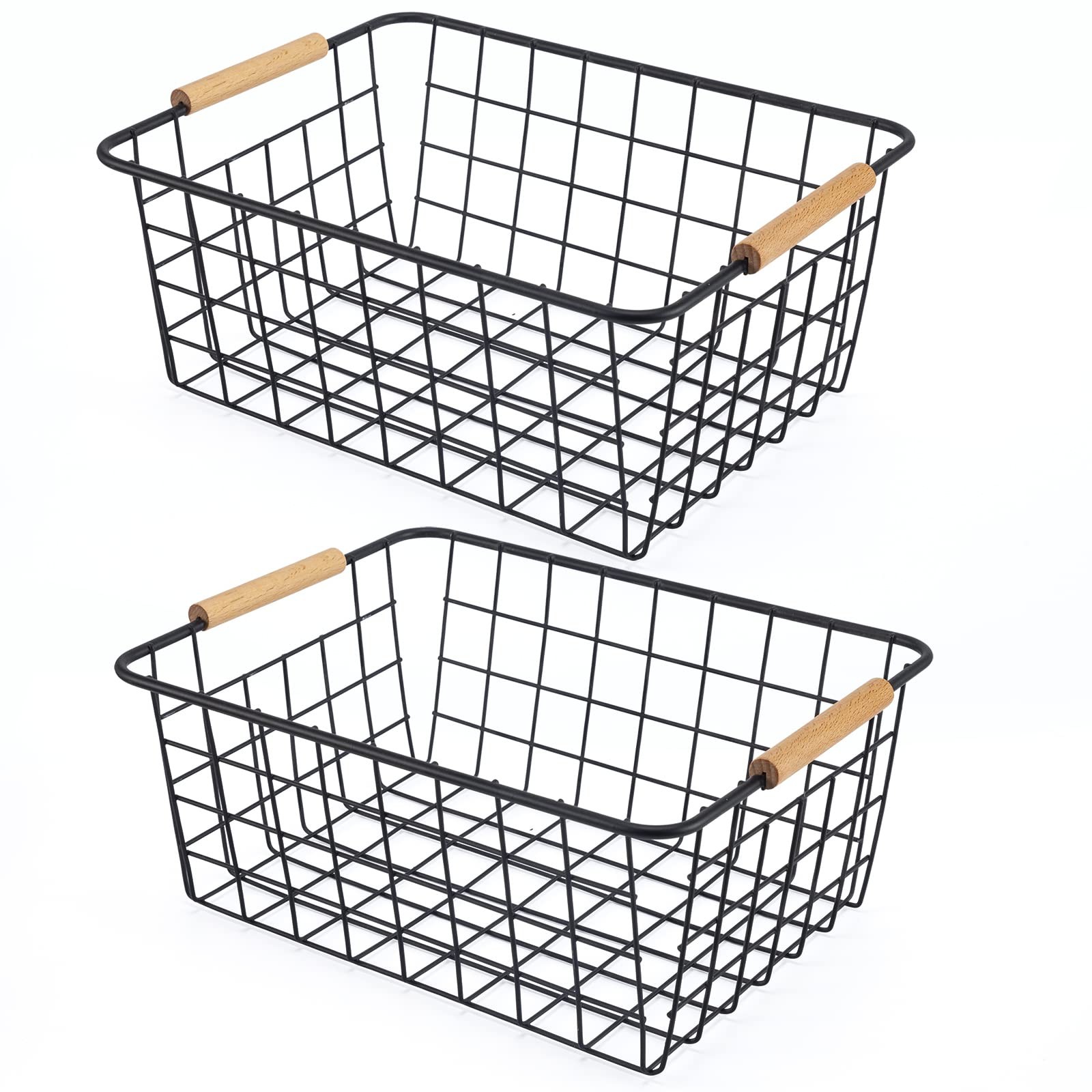 Black 2PCS Wire Storage Baskets with Wooden Handles - Organizing Pantry and K...