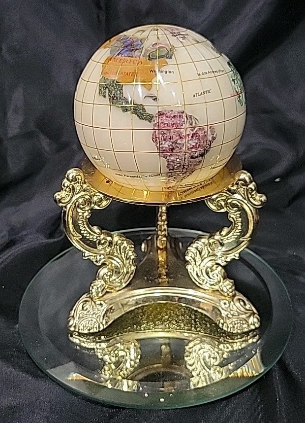 Vintage Mother of Pearl Multy GEMSTONES Inlay Globe w/Gold Brass Base & Mirror