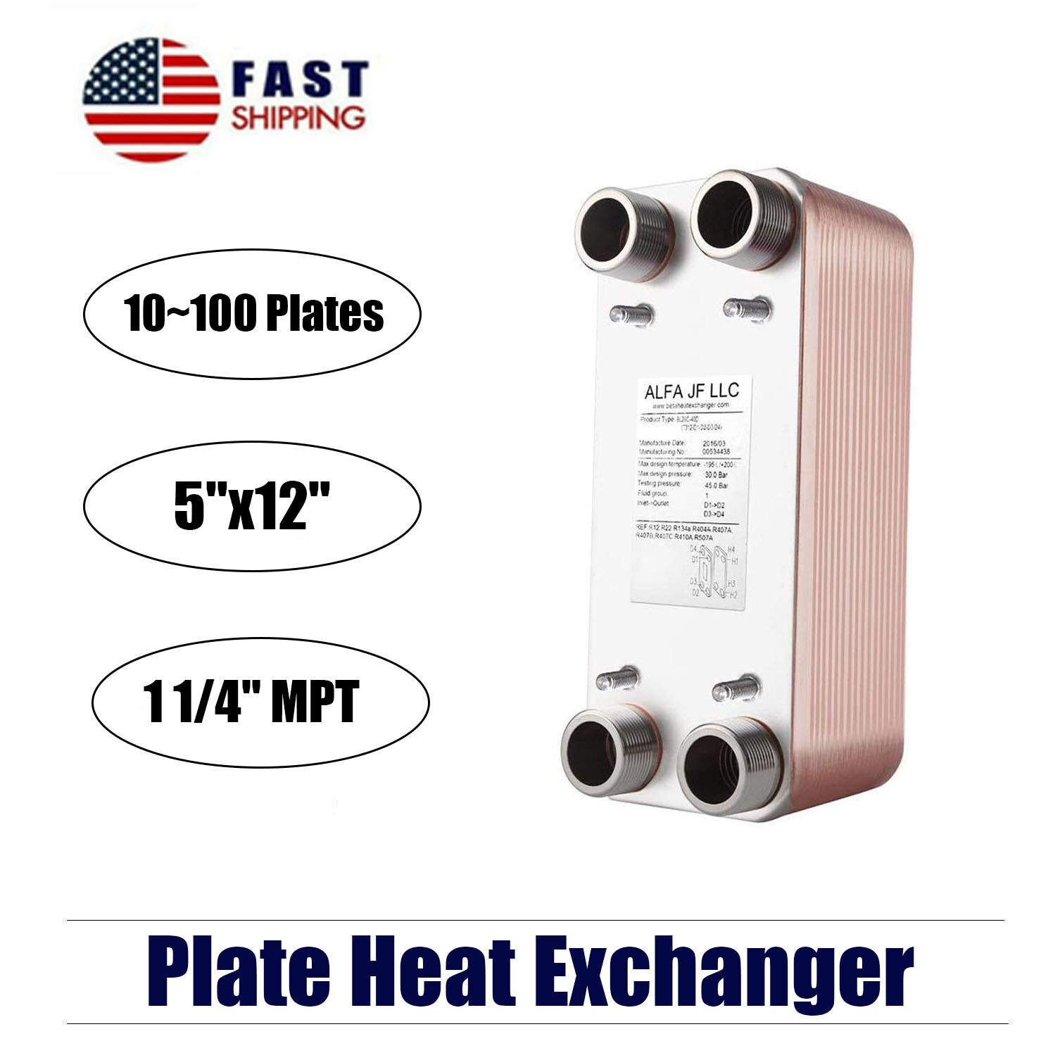 316L Stainless Steel Brazed Plate Heat Exchanger-PURE copper 5"x12" 11/4" MPT