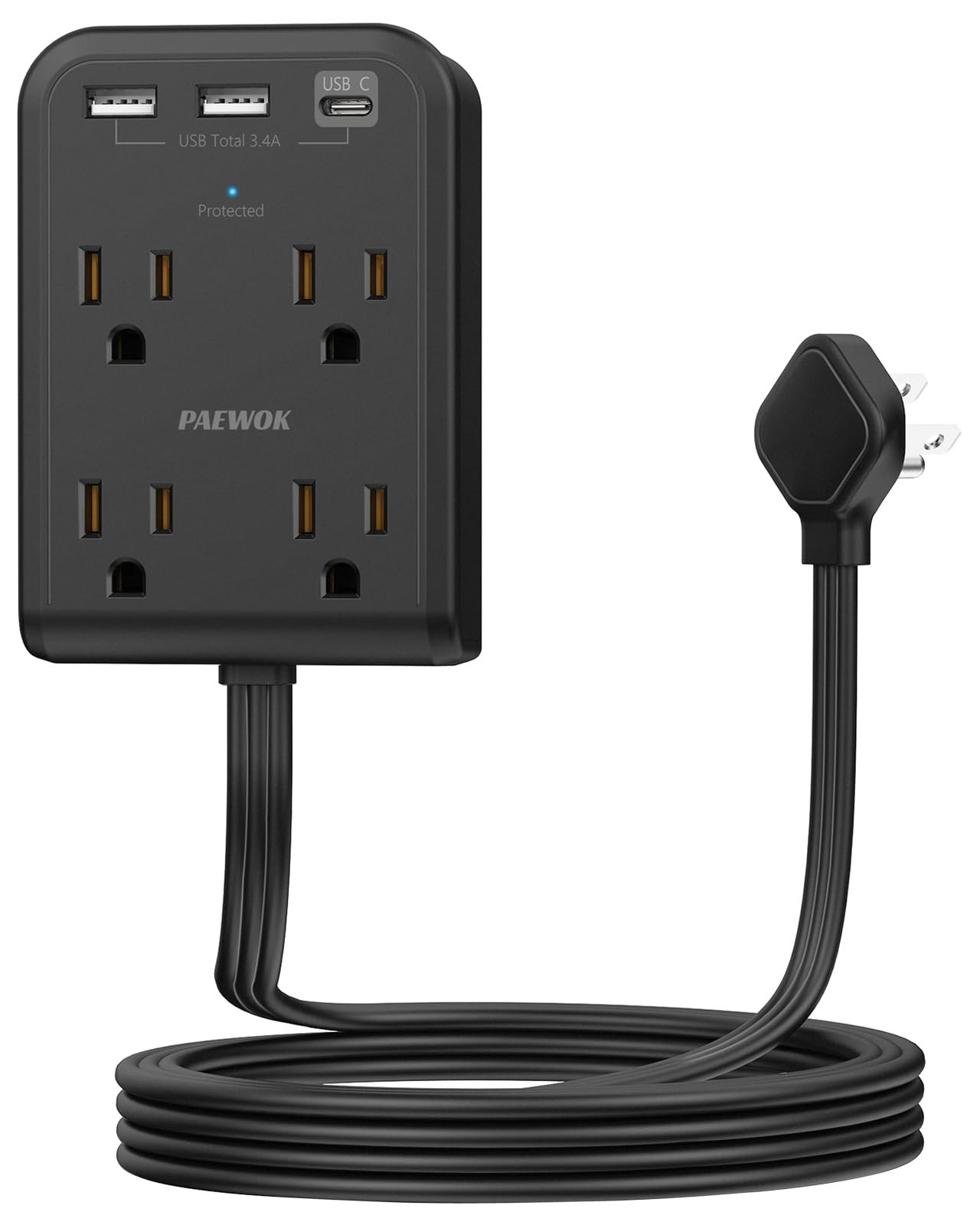 Flat Electrical Outlet Extender USB C 4 AC 3 USB 6 Ft Thin Cord Black