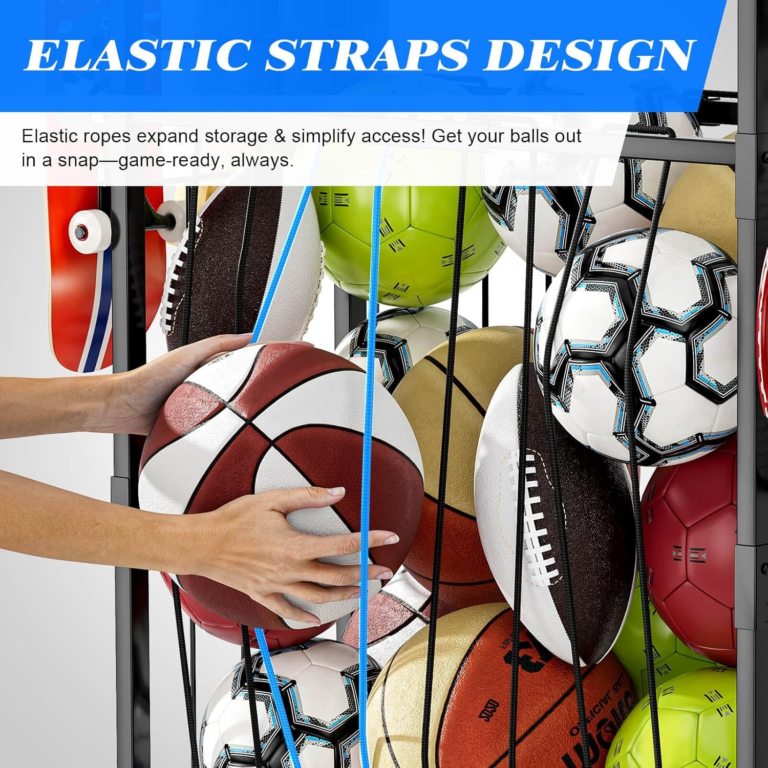 Garage Ball Storage Rack - Sports Equipment Organizer with Wheels, Rolling Sport