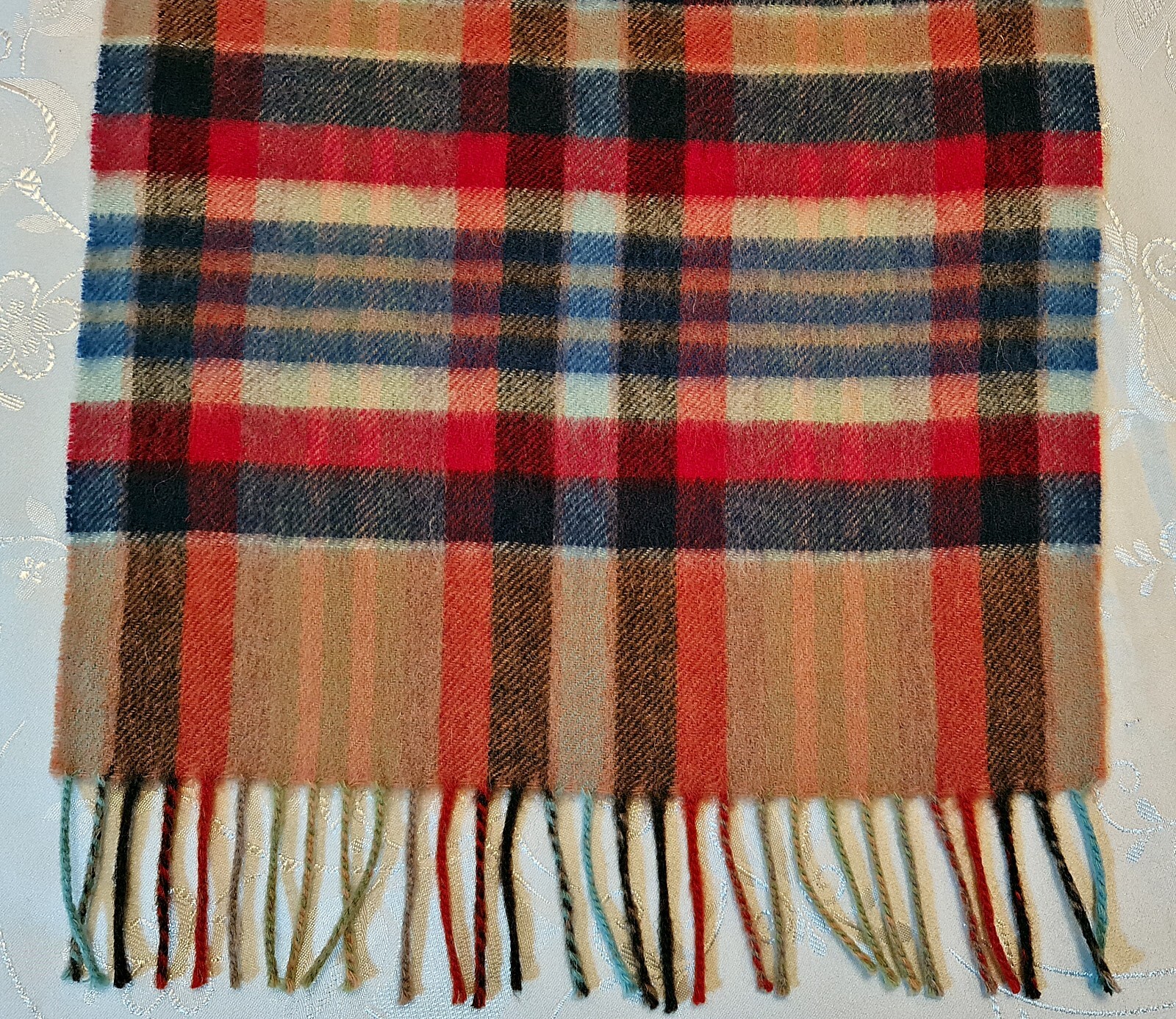 SCARF ITALY VINTAGE AUTHENTIC GILBERTO PLAID BLUE WOOL LONG MENS FRINGE