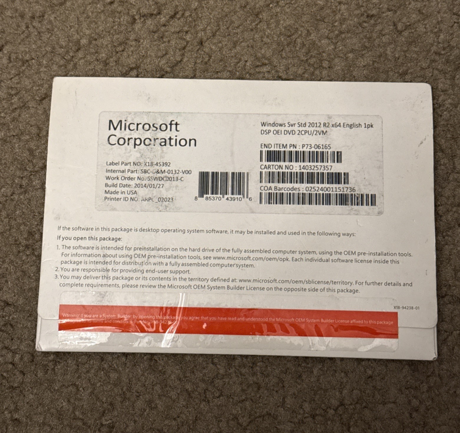 Microsoft Windows Svr Std 2012 x64 ENG 1pk DSP OEI DVD 2CPU/2VM 701595-421 - NEW
