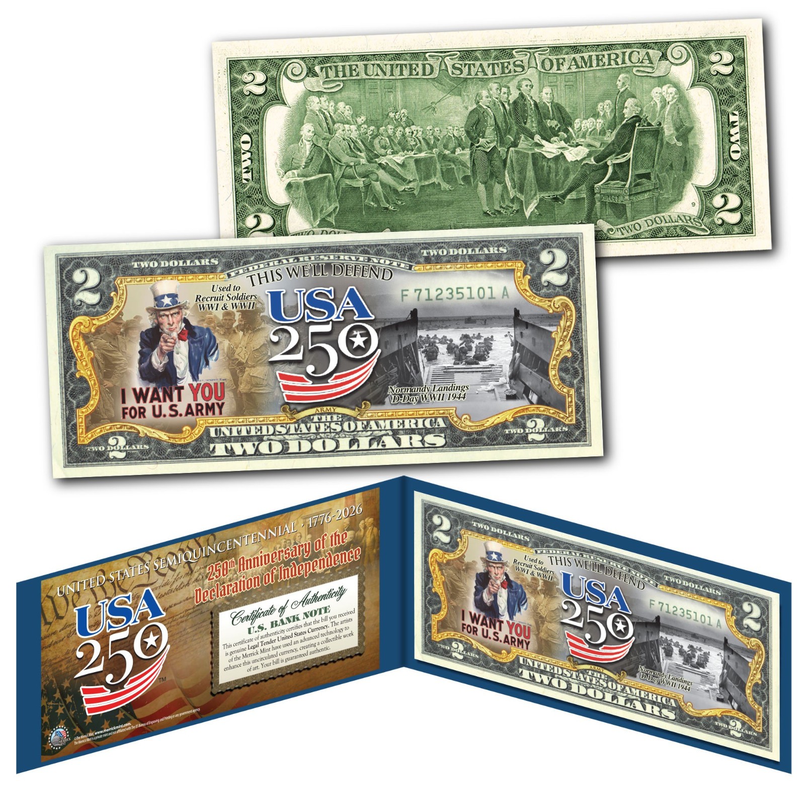 ARMY - USA America 250 Anniversary WWII Normandy Uncle Sam Genuine $2 U.S. Bill