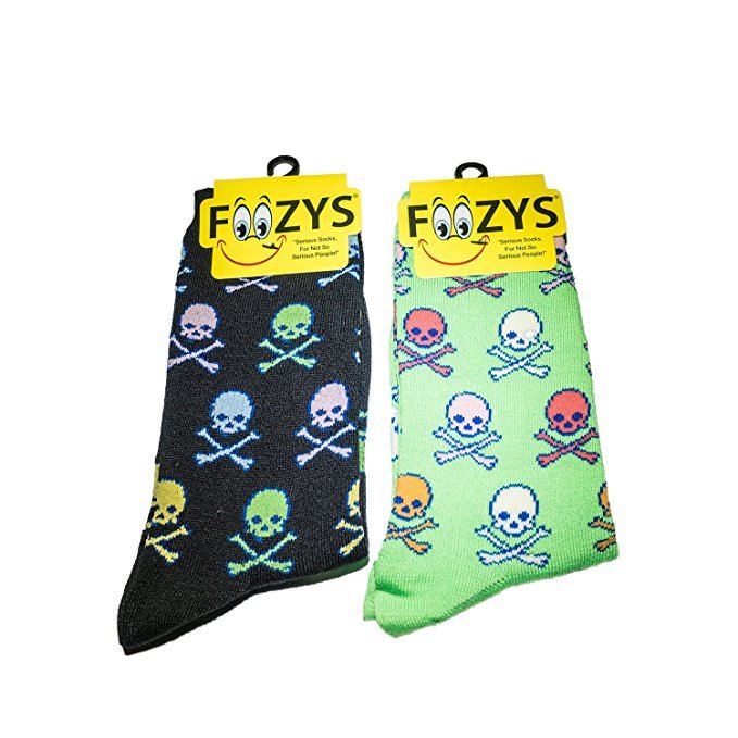 Foozys Skull + Crossbones Fun Crew Socks Ladies/Girls 2 Pair- 1 Black + 1 Green
