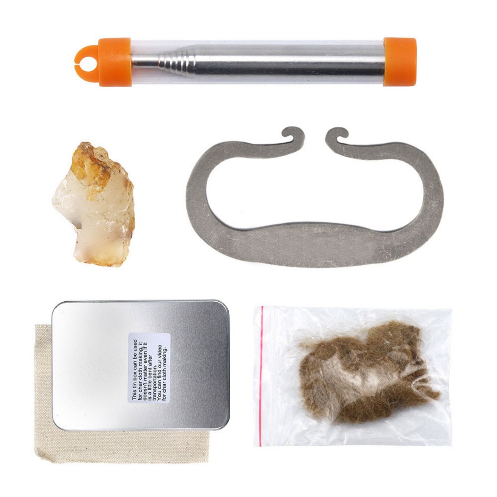 Outdoor Fire Starting Kit Flint Stone Striker Blow Pipe & Char Cloth Making
