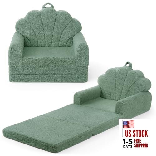 Kids Couch, 2-in-1 Soft Toddler Couch Fold Out, Toddler Chair Green Shell