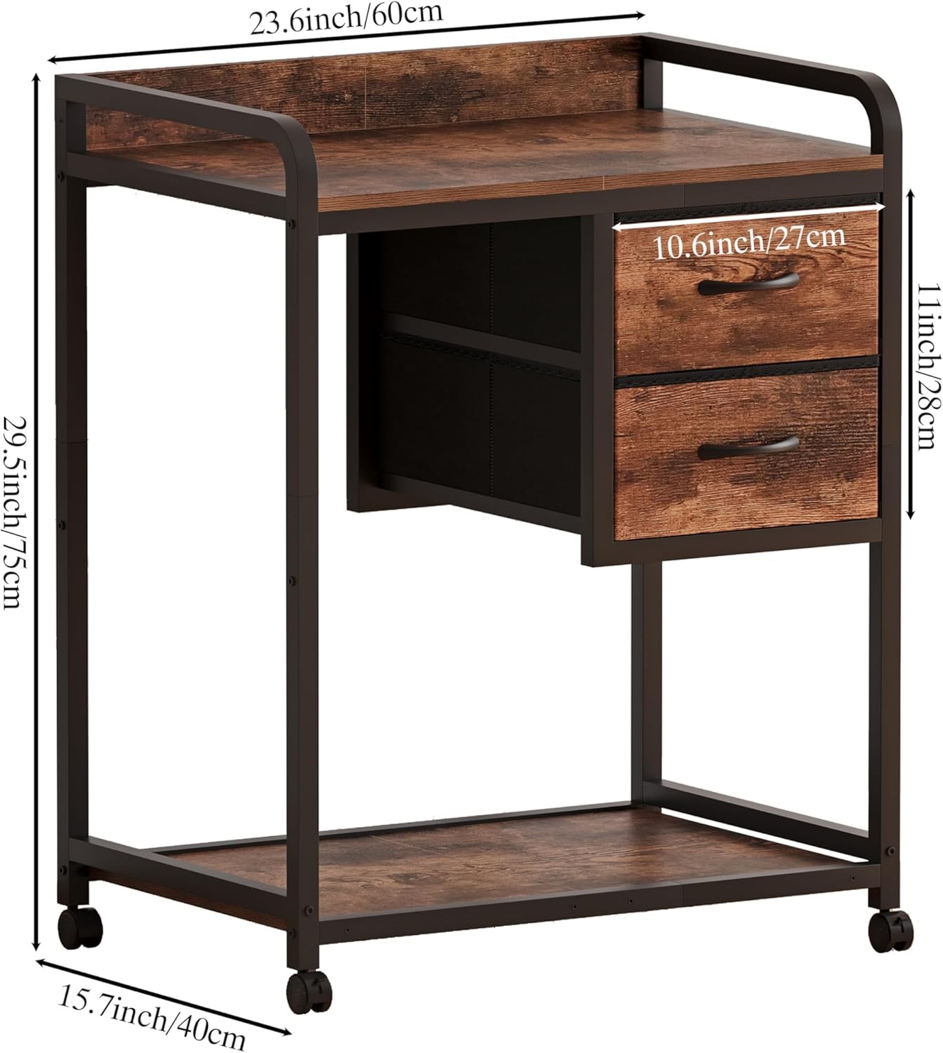 Large Printer Stand W/ 2 Fabric Drawers Mobile Printer Table W/ Wheels &
