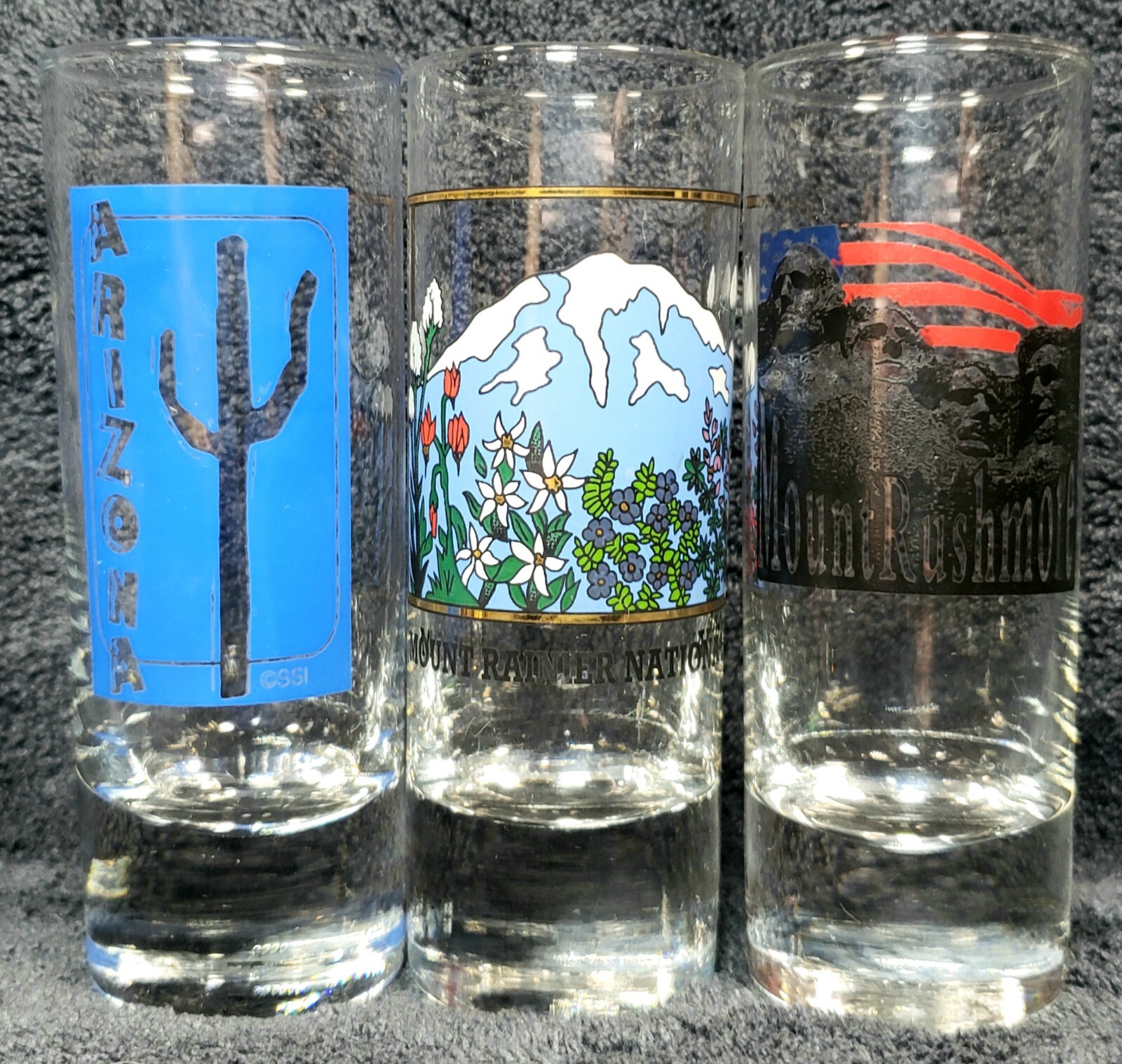 Set Of 3 TALL SHOTGLASSES | Arizona, Mount Rainier, Mount Rushmore