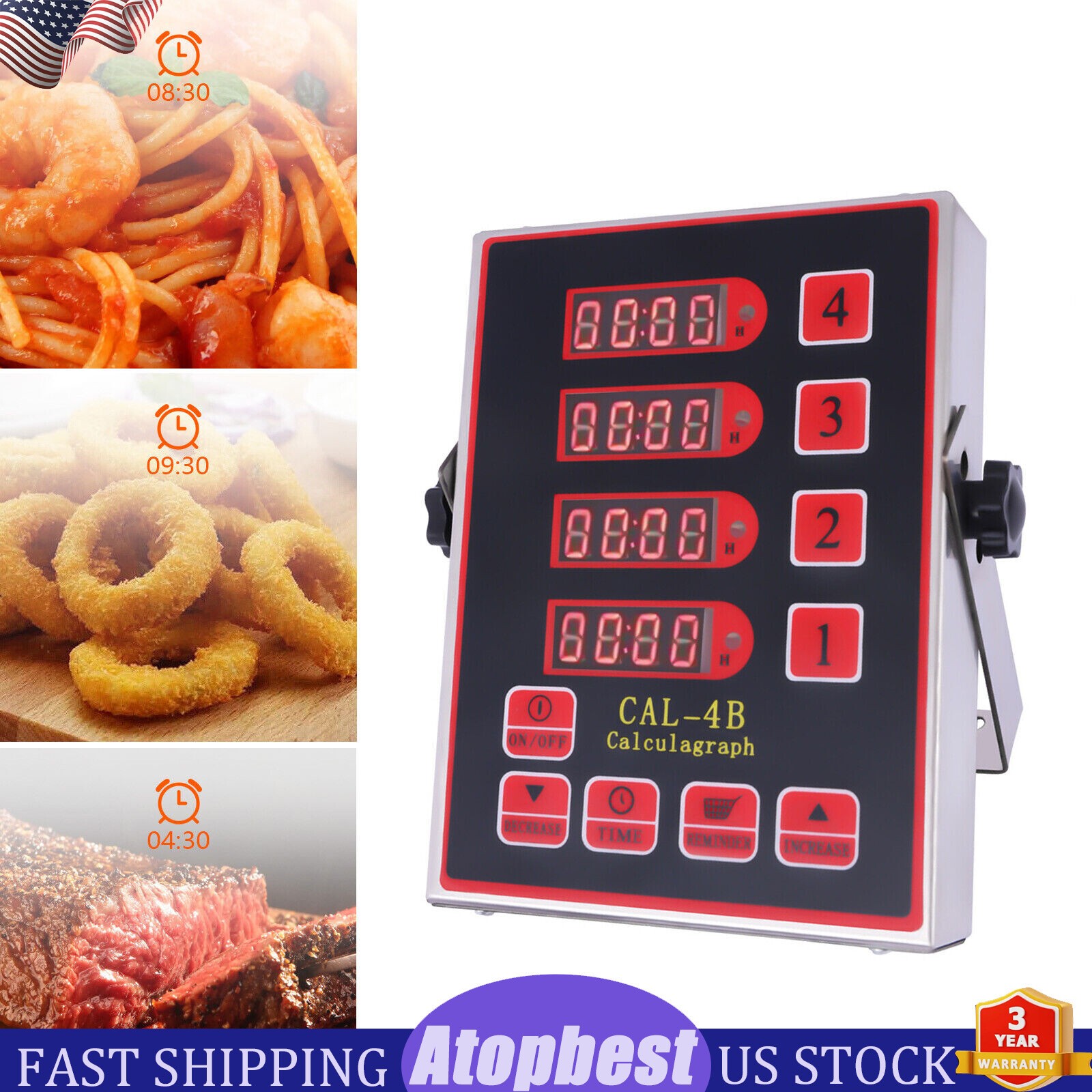 Commercial 4 Channels Kitchen Timers Restaurant Timer Loud Red Stainless Steel！