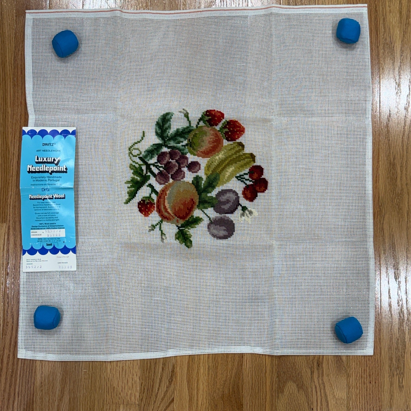 Vintage Dritz Luxury Needlepoint Canvas 3592/2 Pre-Worked Fruit Motif 23x23