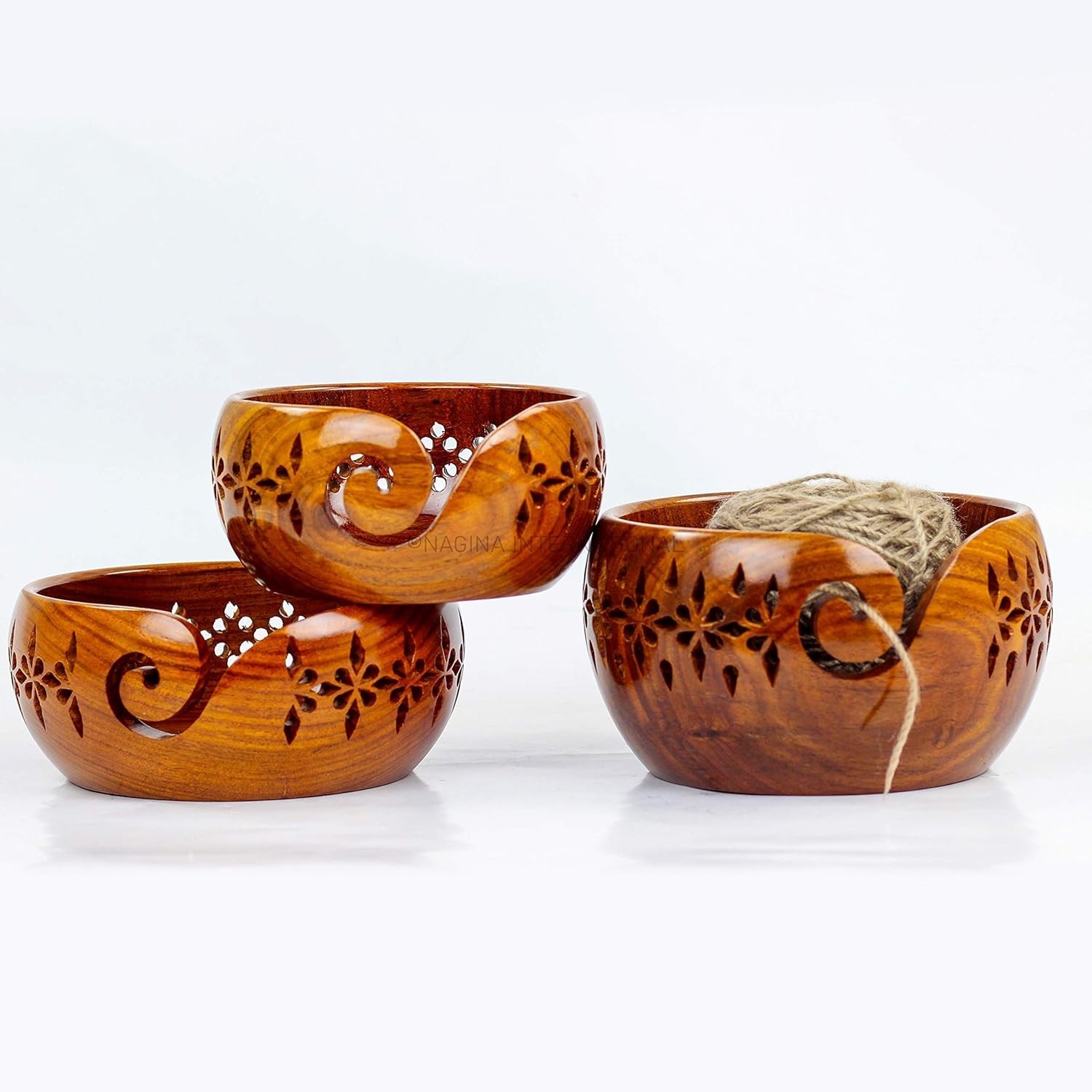 Authentic Rosewood Yarn Bowl Set with Deep Rich Finish for Knitting Accessories