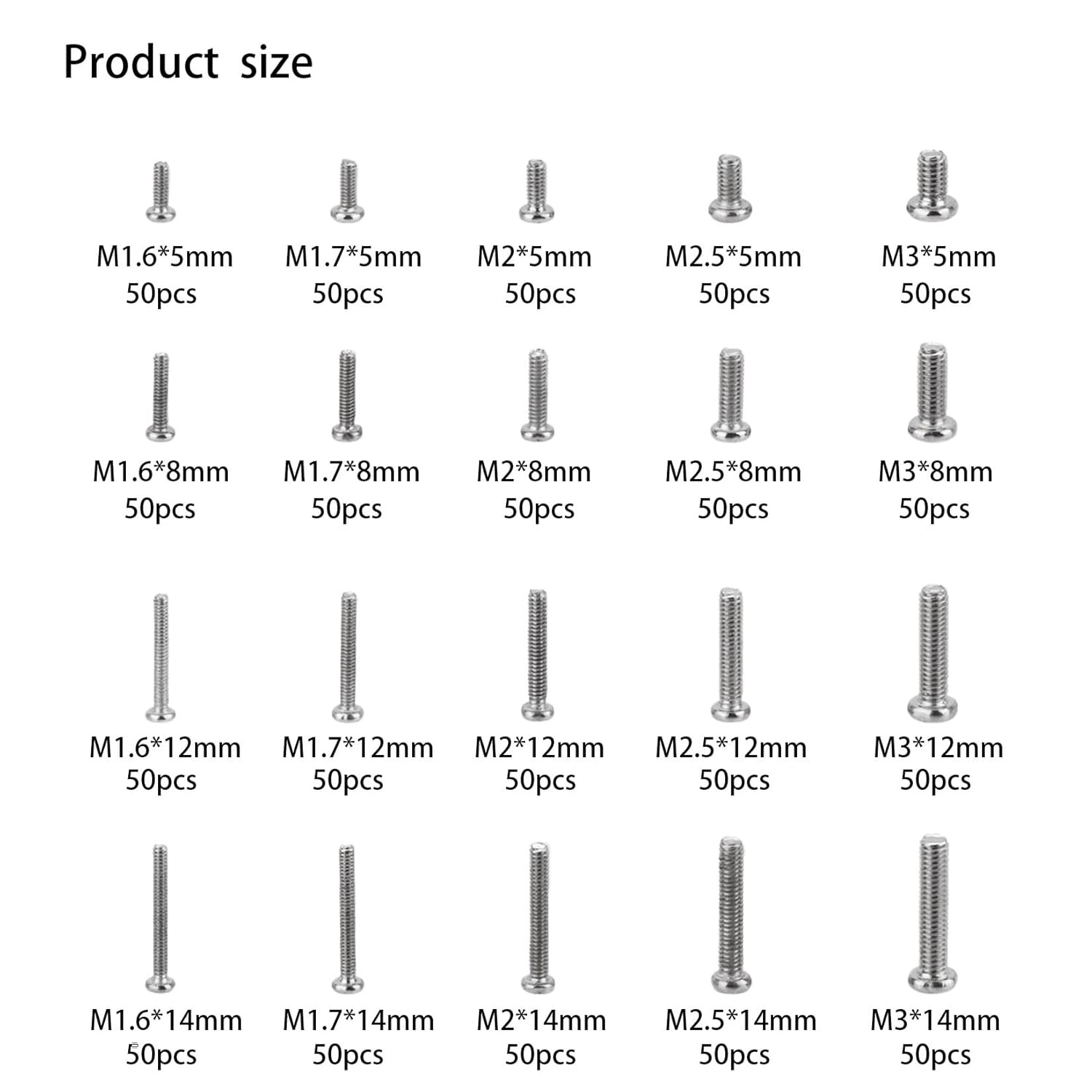 1000 Pcs Tiny Screws for Electronics, M1.6 M1.7 M2 M2.5 M3 Round Head Mini, Repl