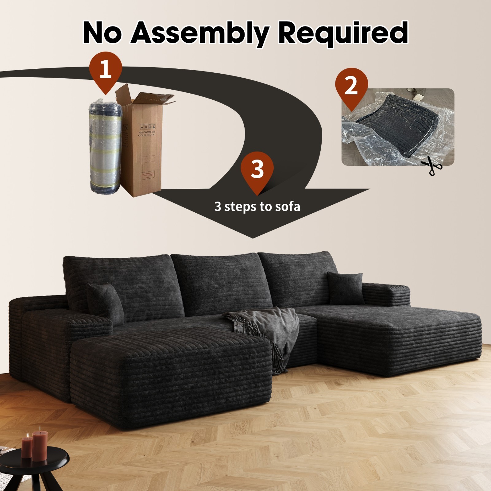 107" Boneless Couch Sectional Cloud Sofa Right Facing Chaise Lounge with Ottoman