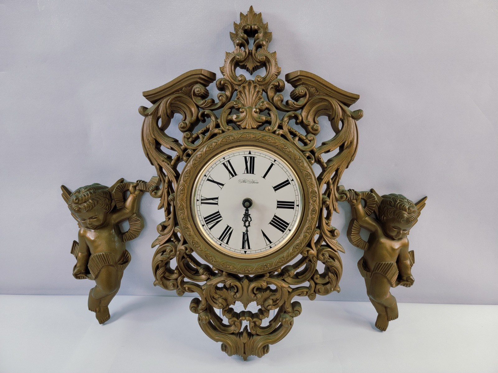 1980 Burwood New Haven #2481 21" Ornate Gold Hanging Wall Clock & 2 1970 Cherubs