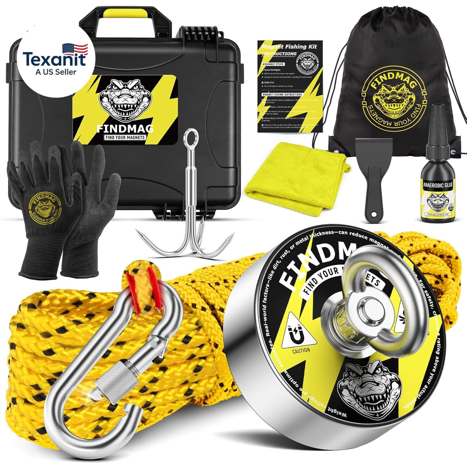 Double Sided 1000 Lbs Pulling Force Magnet Fishing Kit with Case, 2.95" Diameter