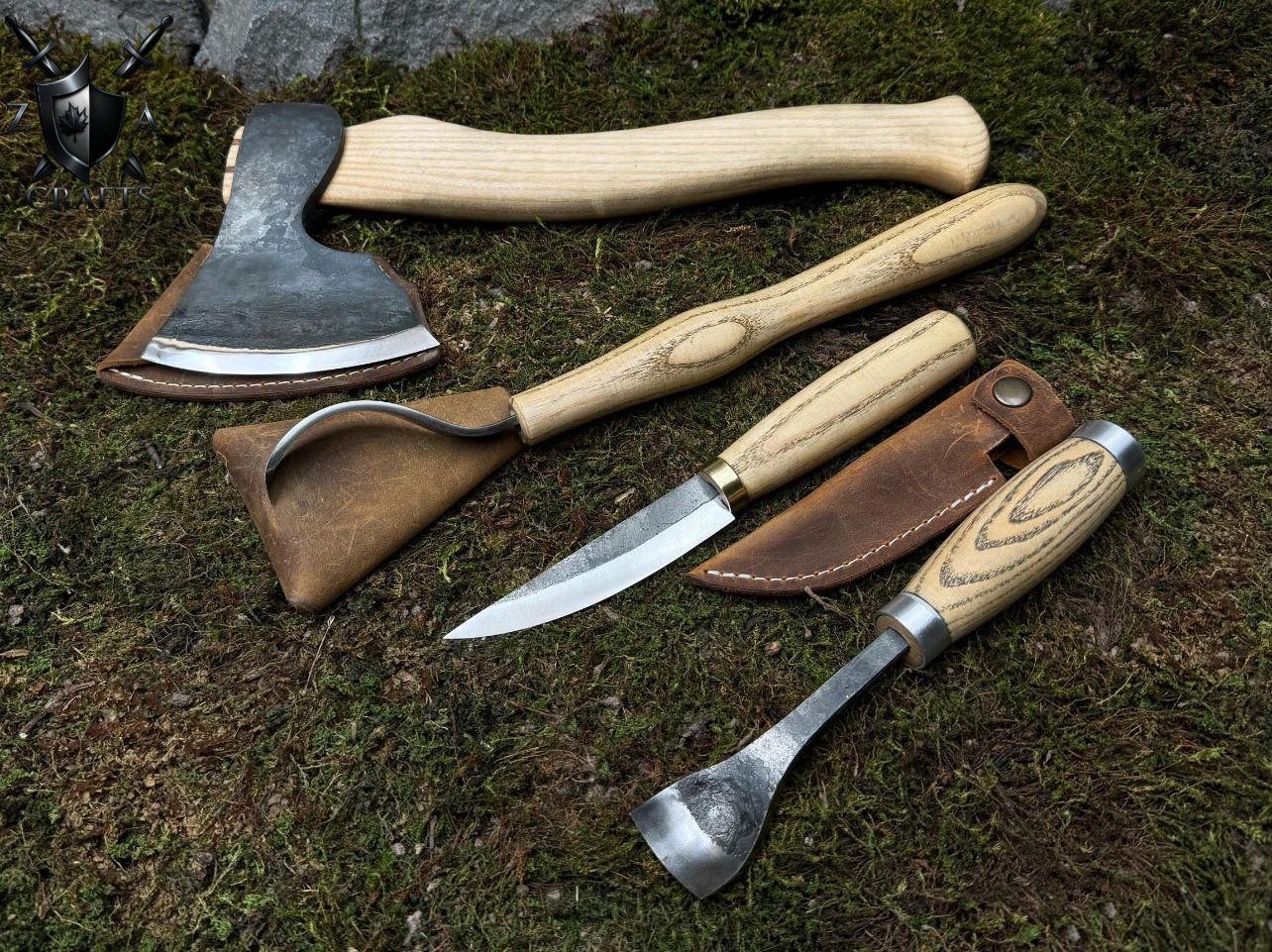 Hand-Forged 4pc Green Woodworking Set - Axe, Hook Knife, Sloyd & Gouge
