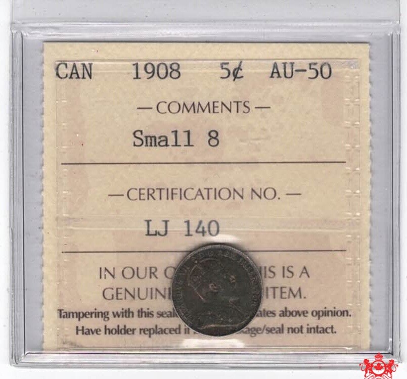 1908 Canada 5 Cents Small 8 - ICCS AU50 - LJ 140