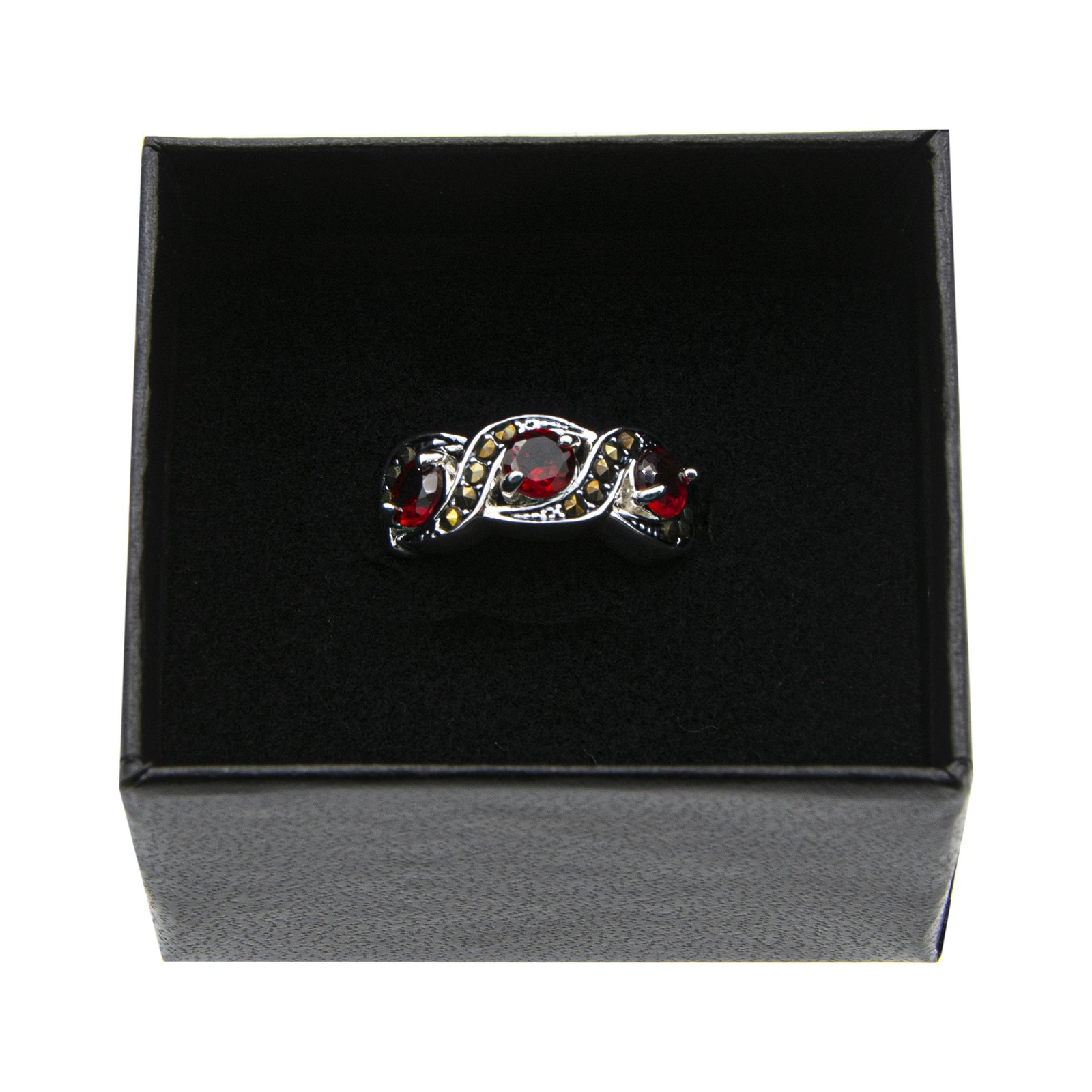 Genuine Red Garnet and Marcasite Statement Ring, Size 8