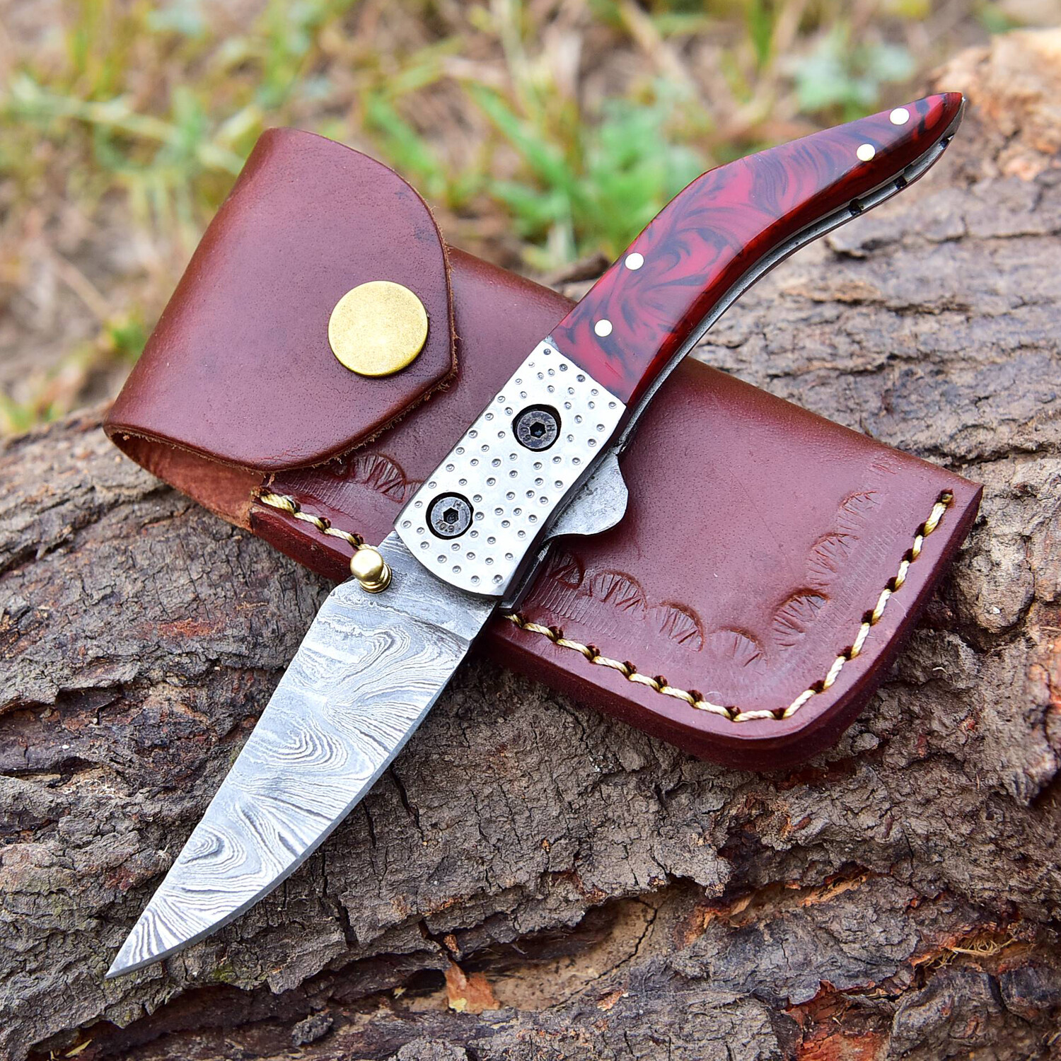 RARE BLADE DAMASCUS RESIN HUNTING FOLDER POCKET KNIFE SHEATH