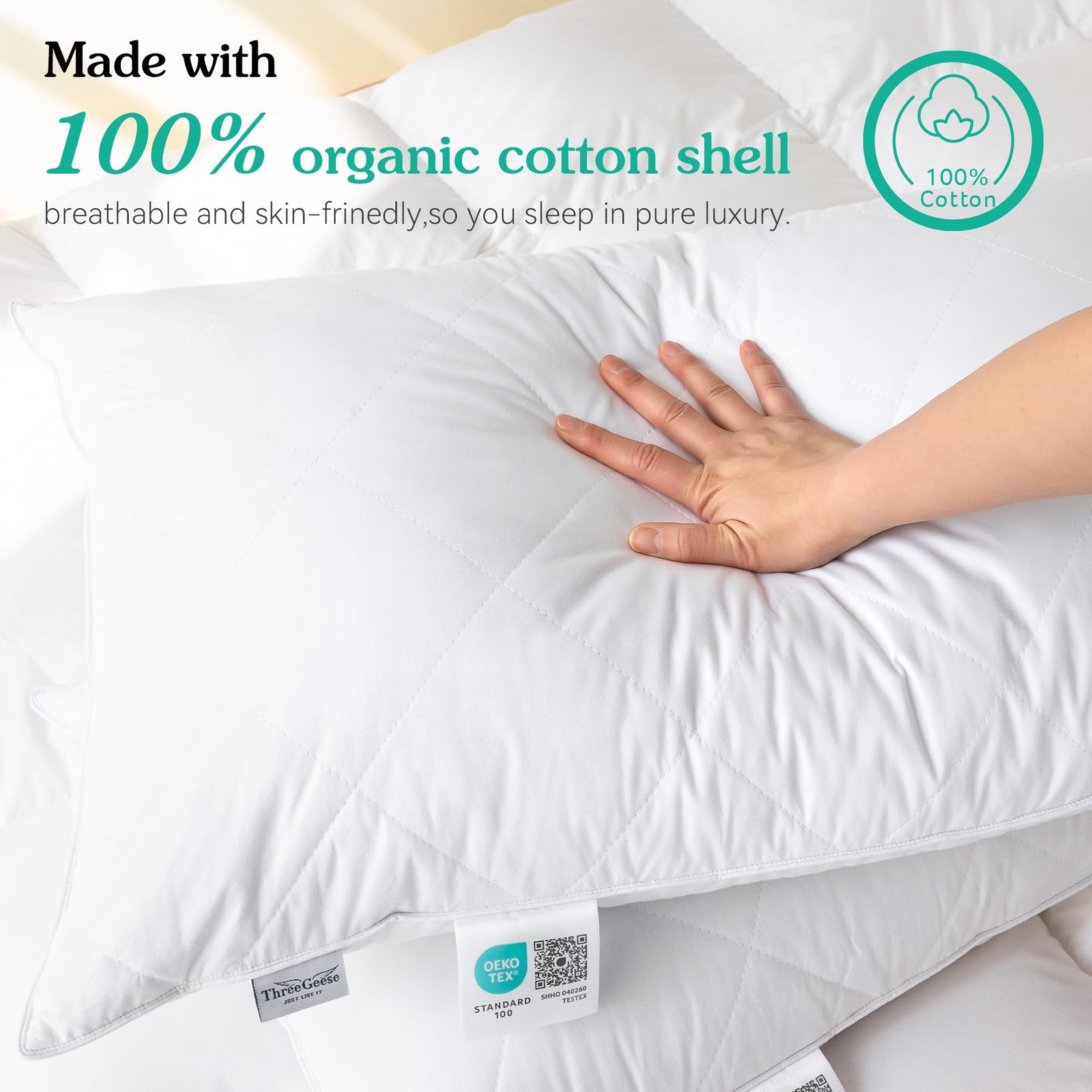 Three Geese White Goose Feather Cotton Pillow Standard 600 Thread Count Medium