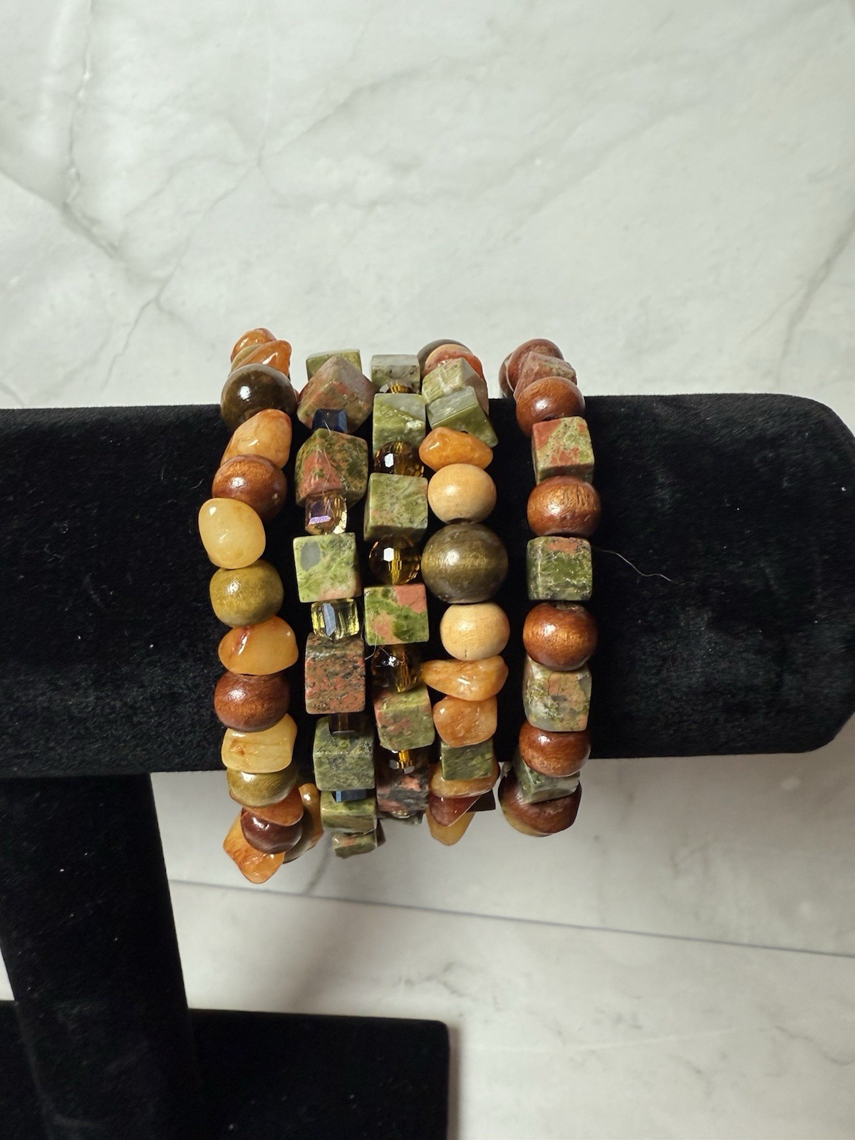 set of 5 stone, jasper beaded bracelets handmade