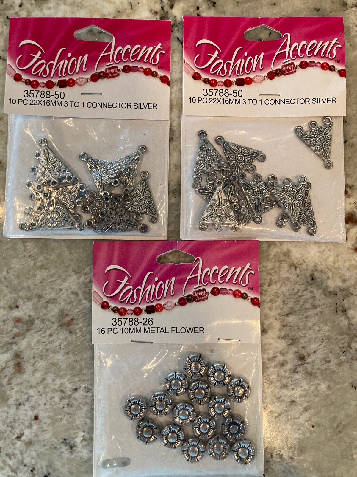 NIP Fashion Accents (2) 3-1 Connectors & (1) Metal Flower Beads, Lot 3 PKG