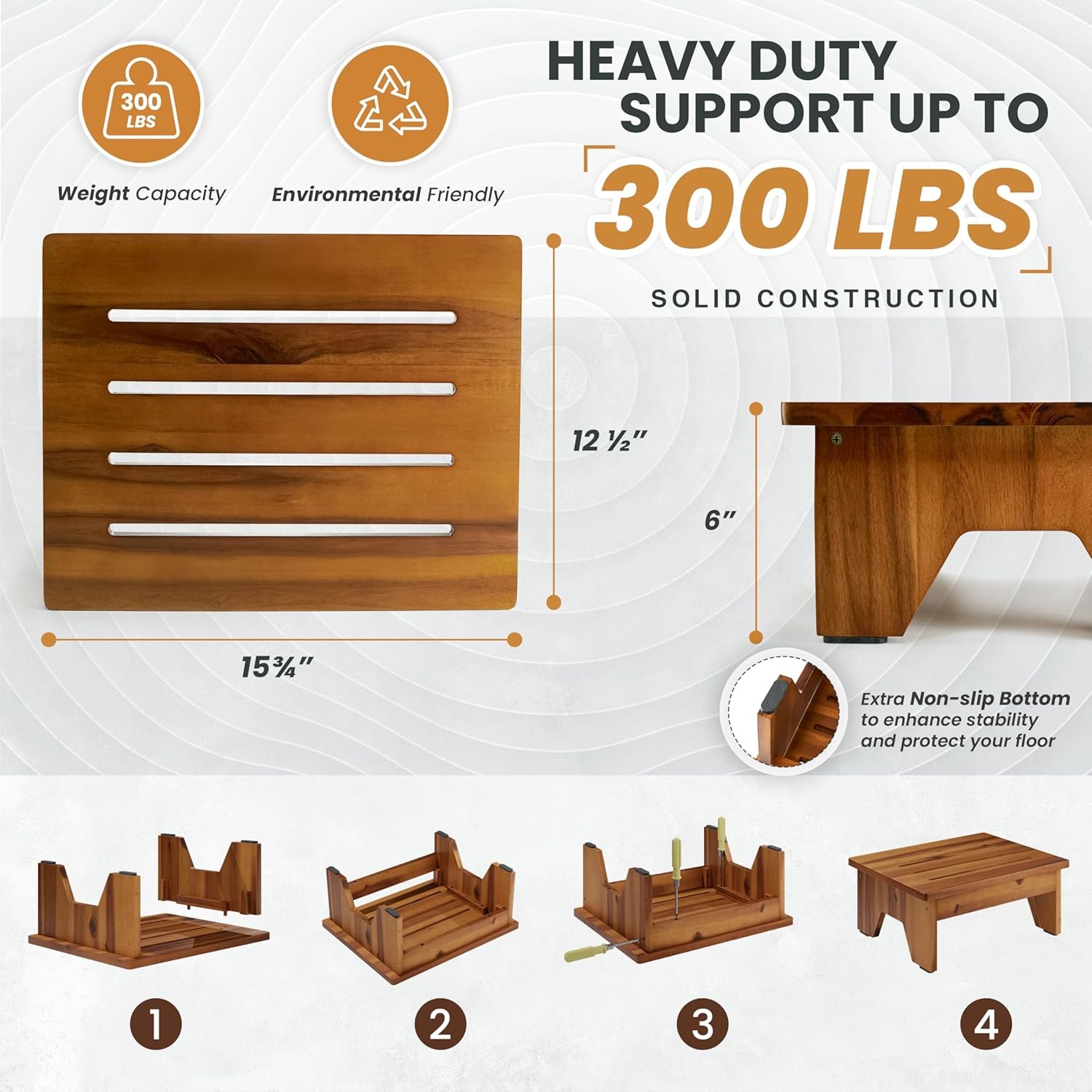 6" Acacia Wood One Step Stool Adults 300 Lbs Wooden Step Stools Heavy Duty High