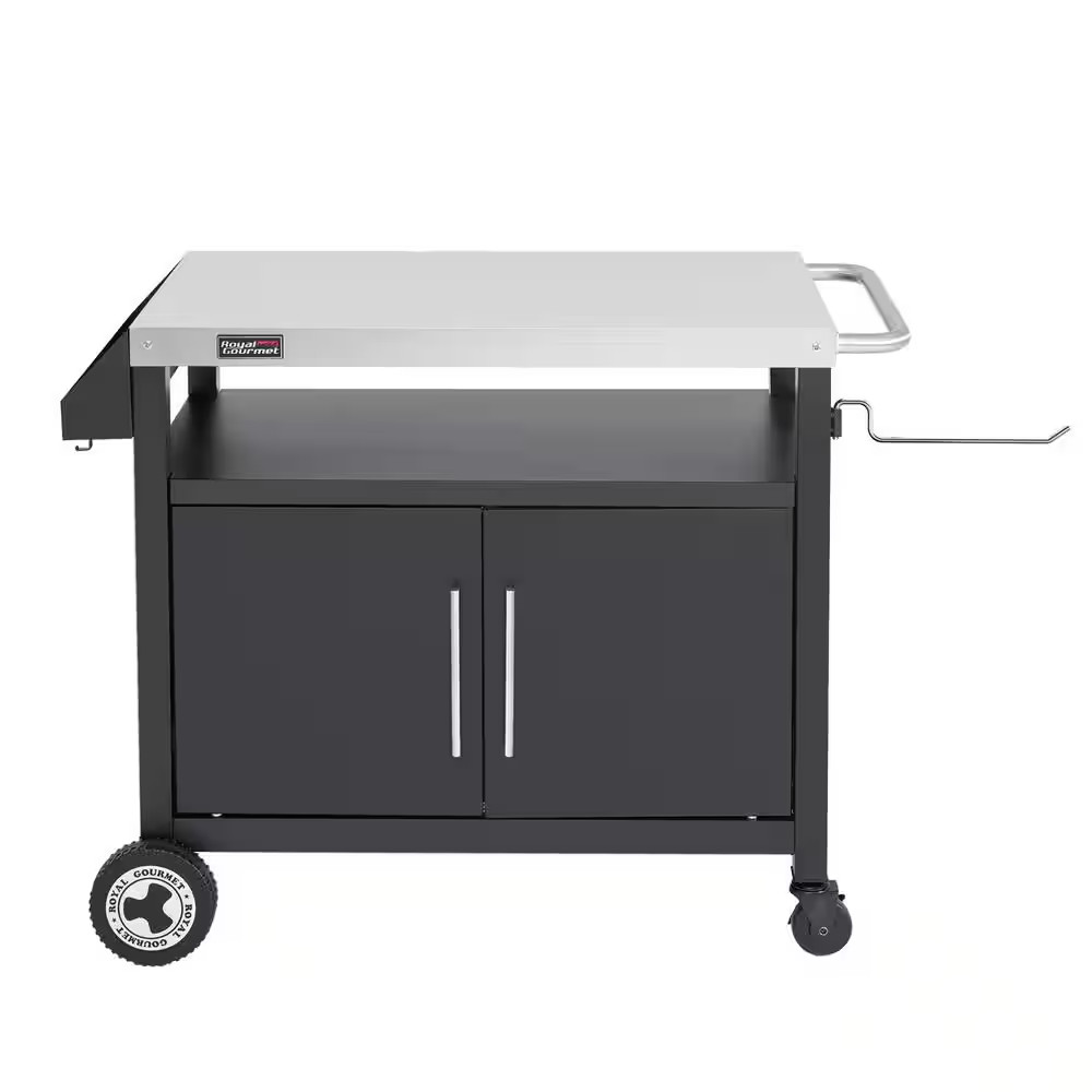 Movable Kitchen Island Cart, 2-Door Cabinet, Stainless Steel Countertop, Condime