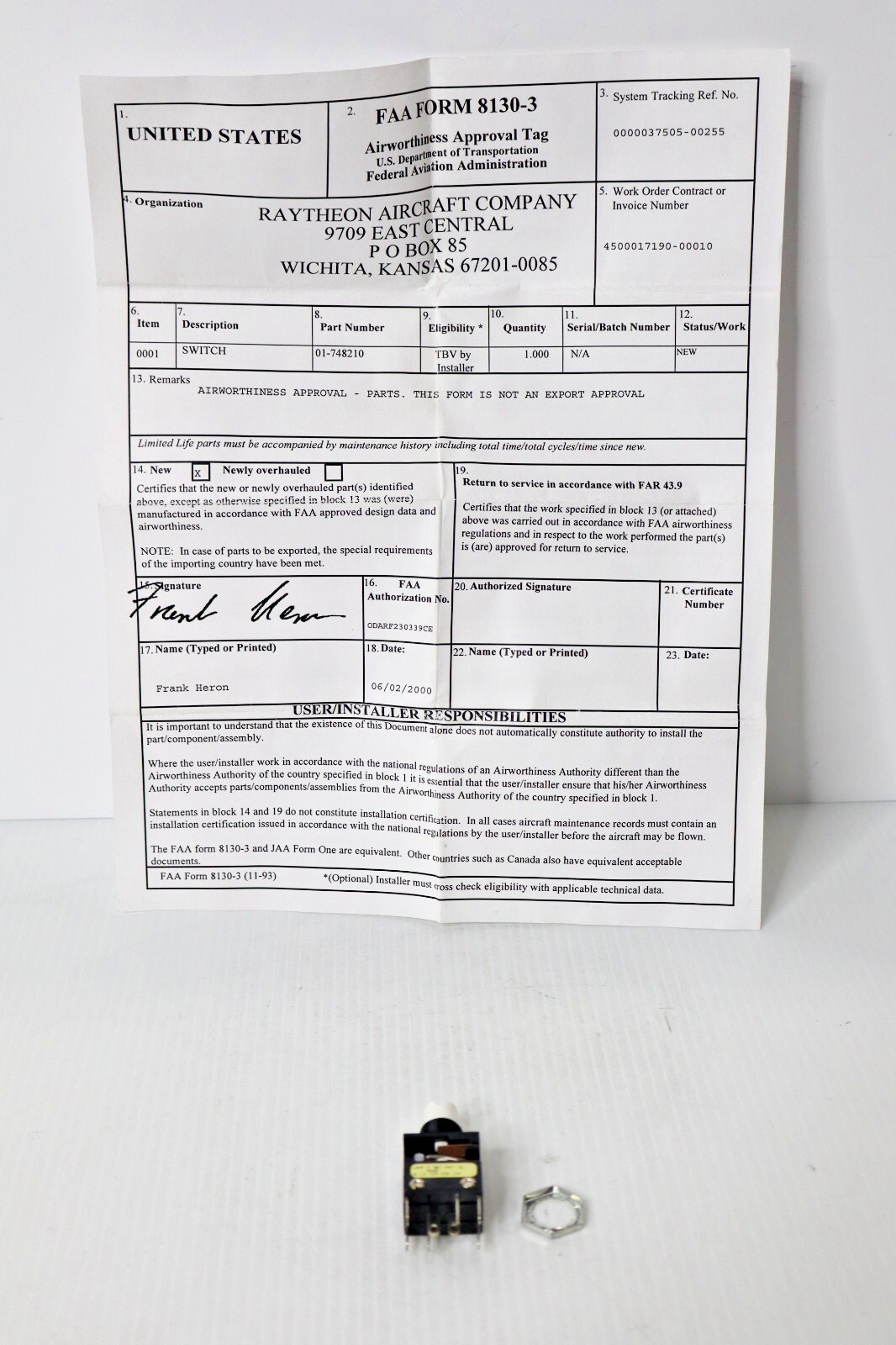 Beechcraft 01-748210 Switch - New with Raytheon FAA 8130-3 Form