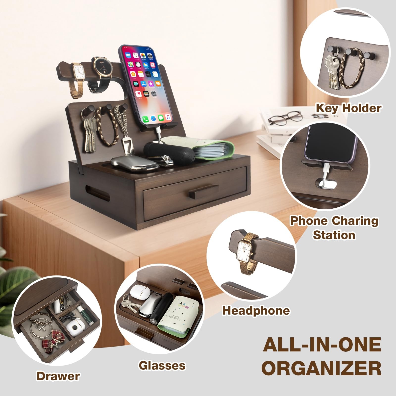 Solid Wood Nightstand Organizer Phone Docking Station Dark Walnut Cedar
