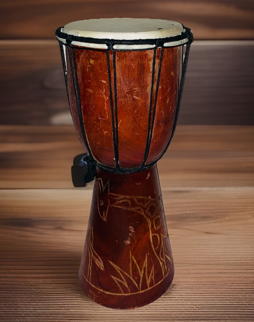 Aftican Tribal Djembe Drum 12'' Tall With Rope & Giraffe Etching