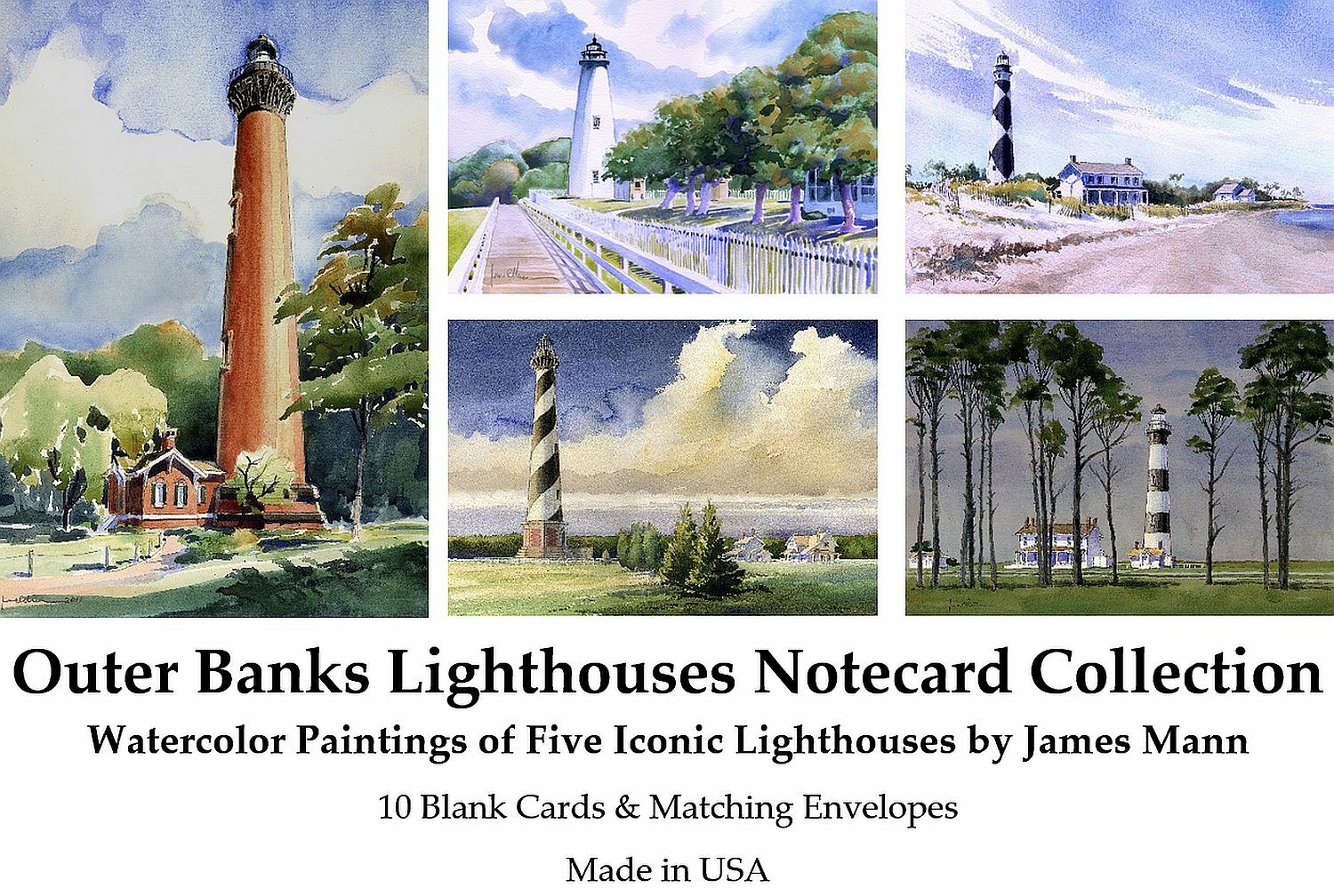 Outer Banks Lighthouses Notecard Set. James Mann watercolors of 5 NC lights