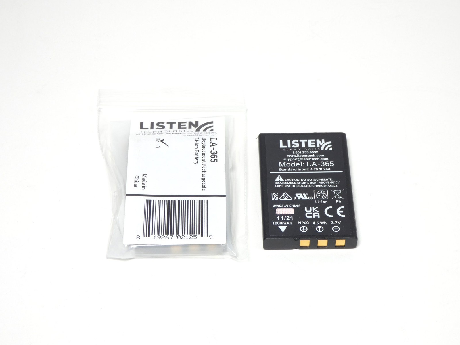 Listen Technologies LA-365 Replacement Rechargeable Li-ion Battery 3.7V 1200m...