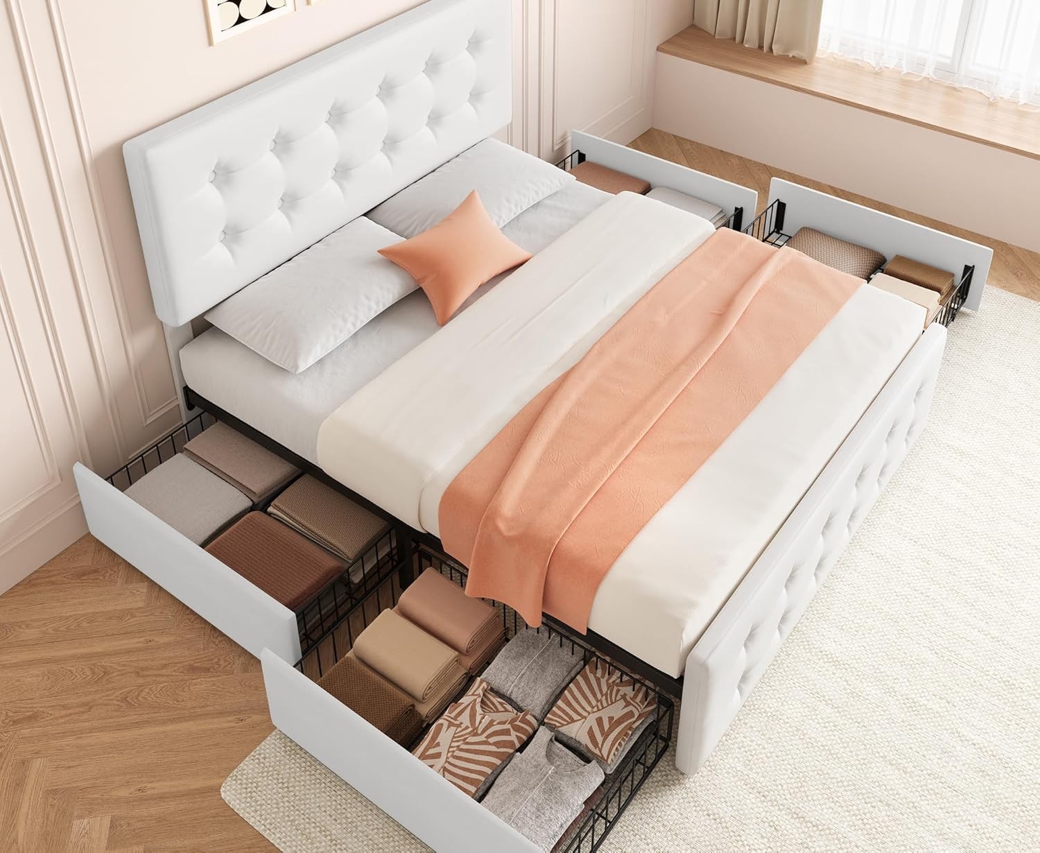 Full Size Bed Frame with 4 Storage Drawers and Adjustable Upholstered Headboard