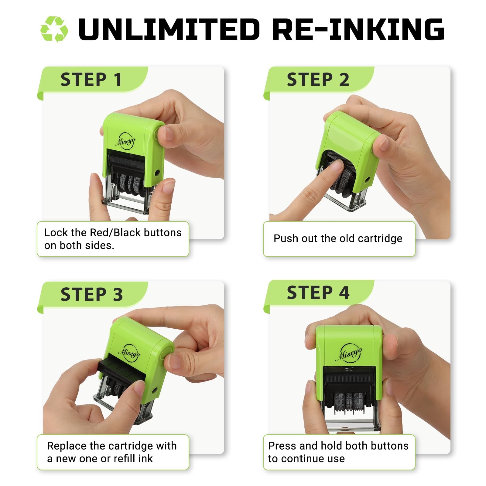 Self Inking Date Stamp - Green (2 Black Refill Ink pad Included)